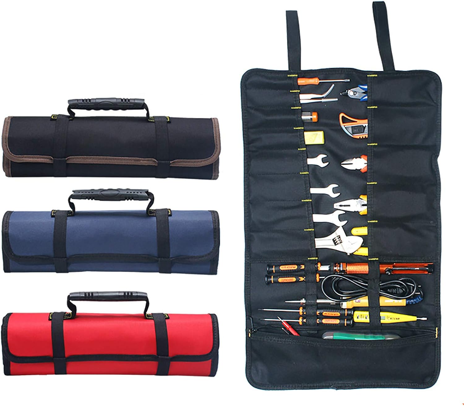 Wrench Roll Up Tool Roll Pouch Bag with 22 Pockets, Big Tote Carrier Organizer Multi-Purpose & Portable Best for Craftwork Handyman Electrician Black/Blue/Red 3PCS