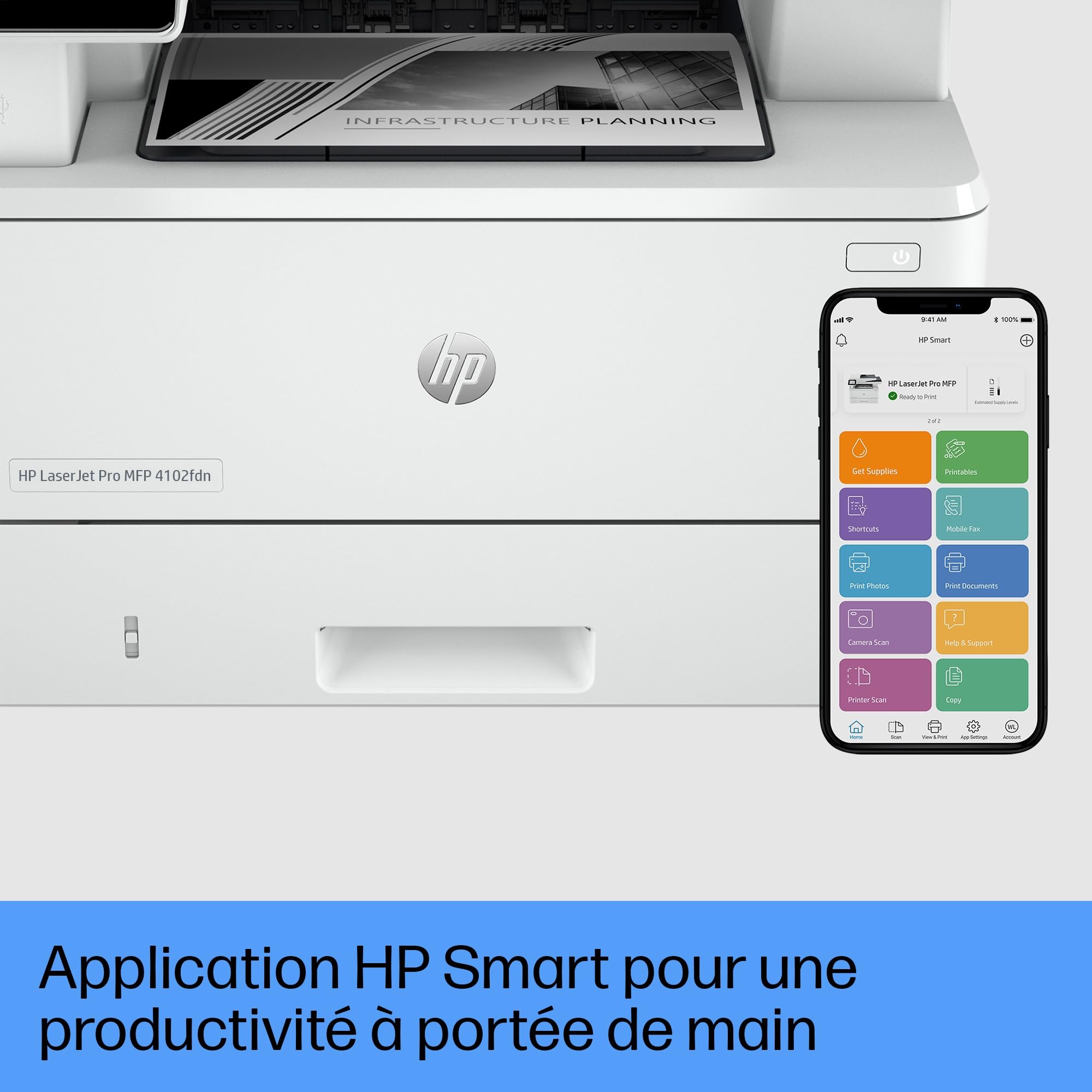 HP LaserJet Pro MFP 4102fdn, 2Z623F, imprimante Multifonction A4, Impression Automatique Recto-Verso, 42 ppm, Port USB hôte, fax, ADF, Ethernet Gigabit, Smart, Blanche
