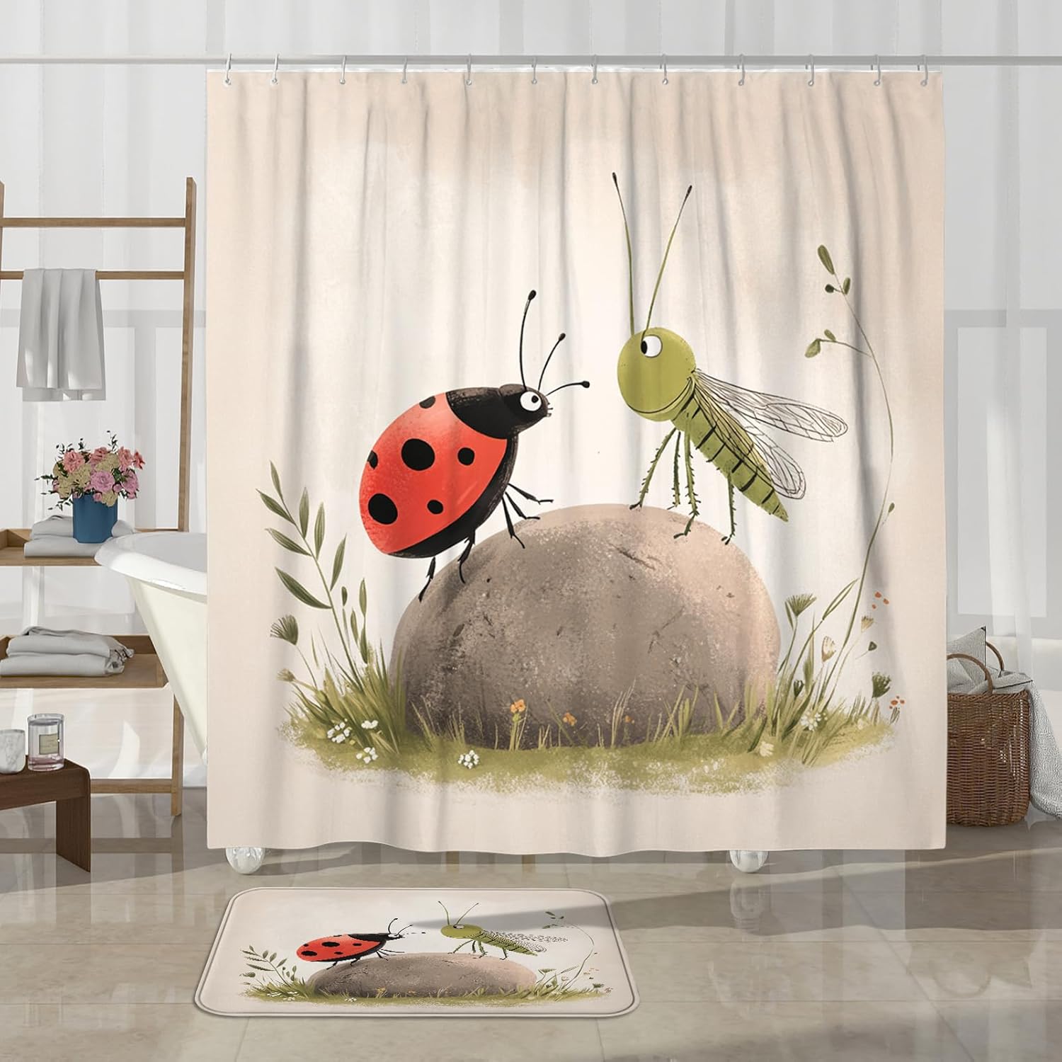 DESIHOM 4PCS Cartoon Kids Ladybug Shower Curtain Sets with Non-Slip Rug, U Shape and Toilet Lid Cover Mat, Anime Fun Insect Home Decor, Bathroom Accessory with 12 Hooks