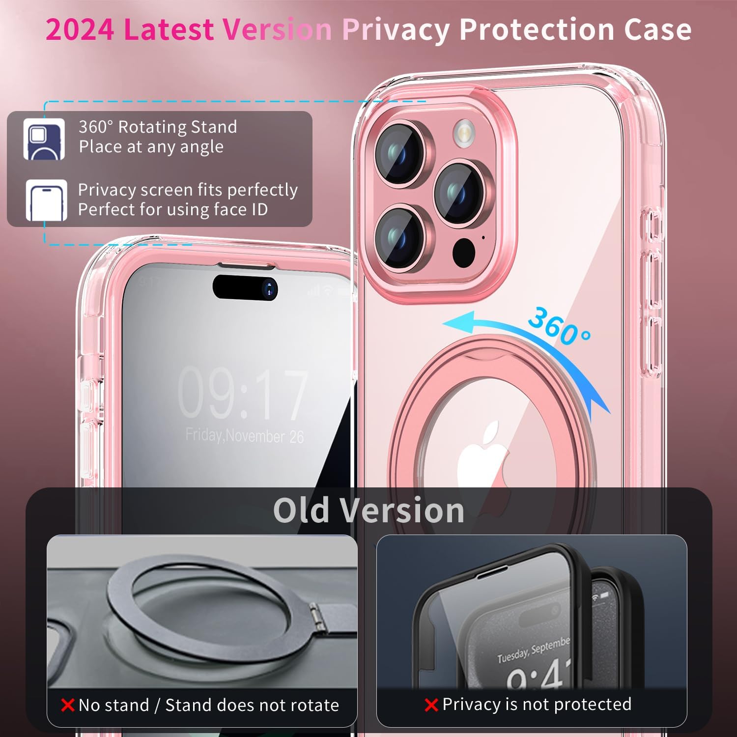 Privacy Case for iPhone 15 Pro Max with 360°Stand [Built-in Anti Peeping Screen Protector] [Compatible with MagSafe] [Magnetic Ring ] Full Body Protective Phone Cover 6.7", Pink