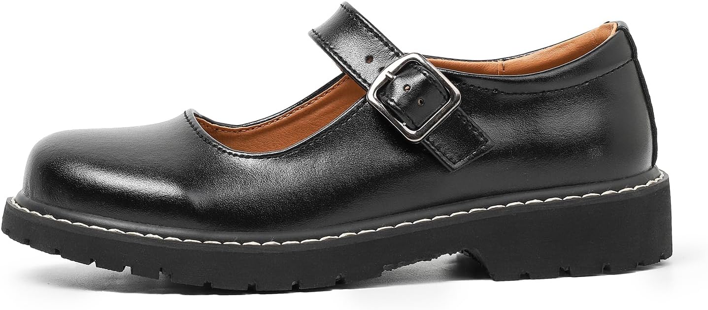 Ruiatoo Mary Jane Shoes Women Oxford Shoes Comfort Leather Round Toe Chunky Ankle Buckle Non-Slip Dressy Work Flats Girls School Shoes