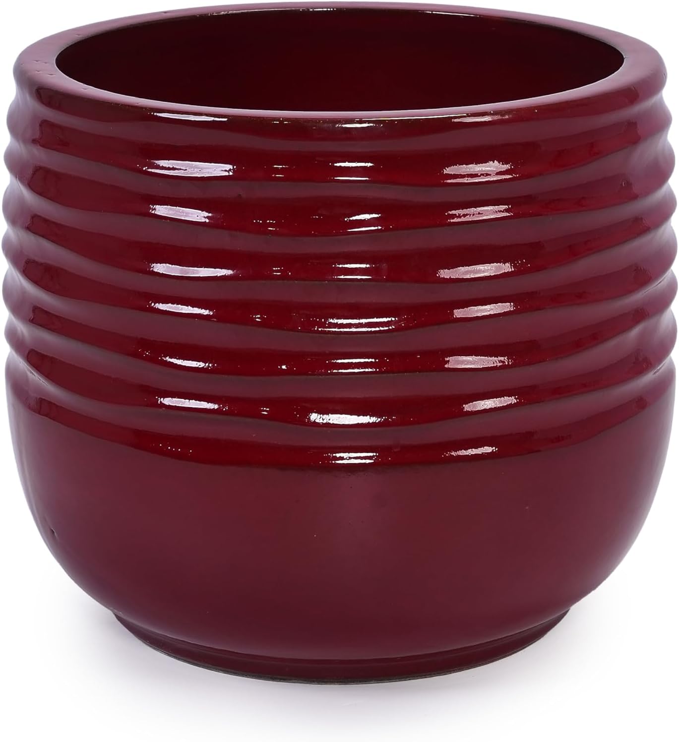 Glazed Fluted Ceramic Planters Set of 3 for Indoor Outdoor Plants, 15/11/8 Inch Large Flower Pots with Drainage, Horizontal Ribbed Texture Distressed Ceramic Planters for Garden Living Room Red