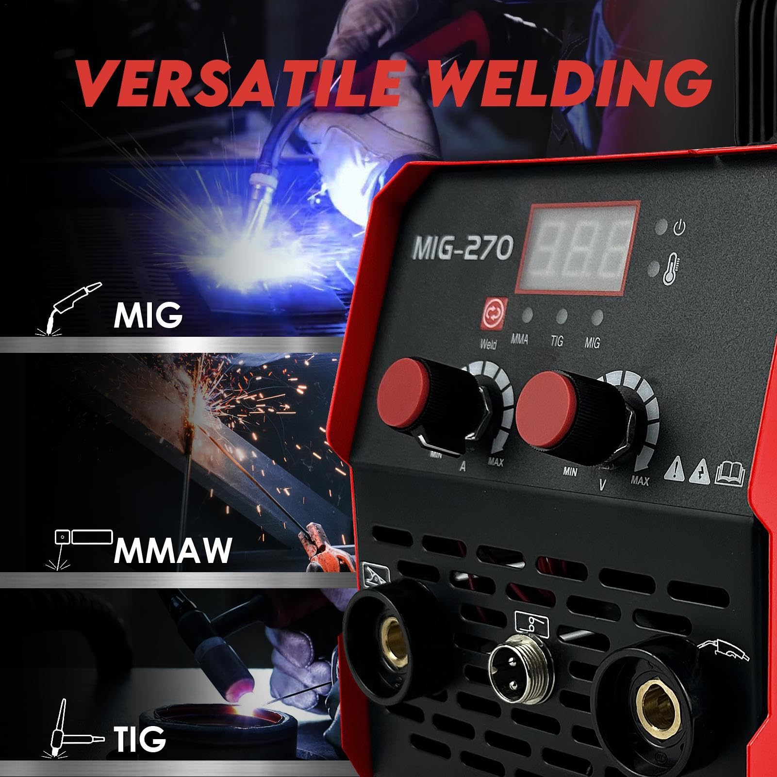 MIG270 4.5KW Household Multifunctional Gasless Dibble Welding Machine,Stick three in a Welding Machine,Gasless Portable Inverter Welder With Digital Display Portable Welding Machine (Red)