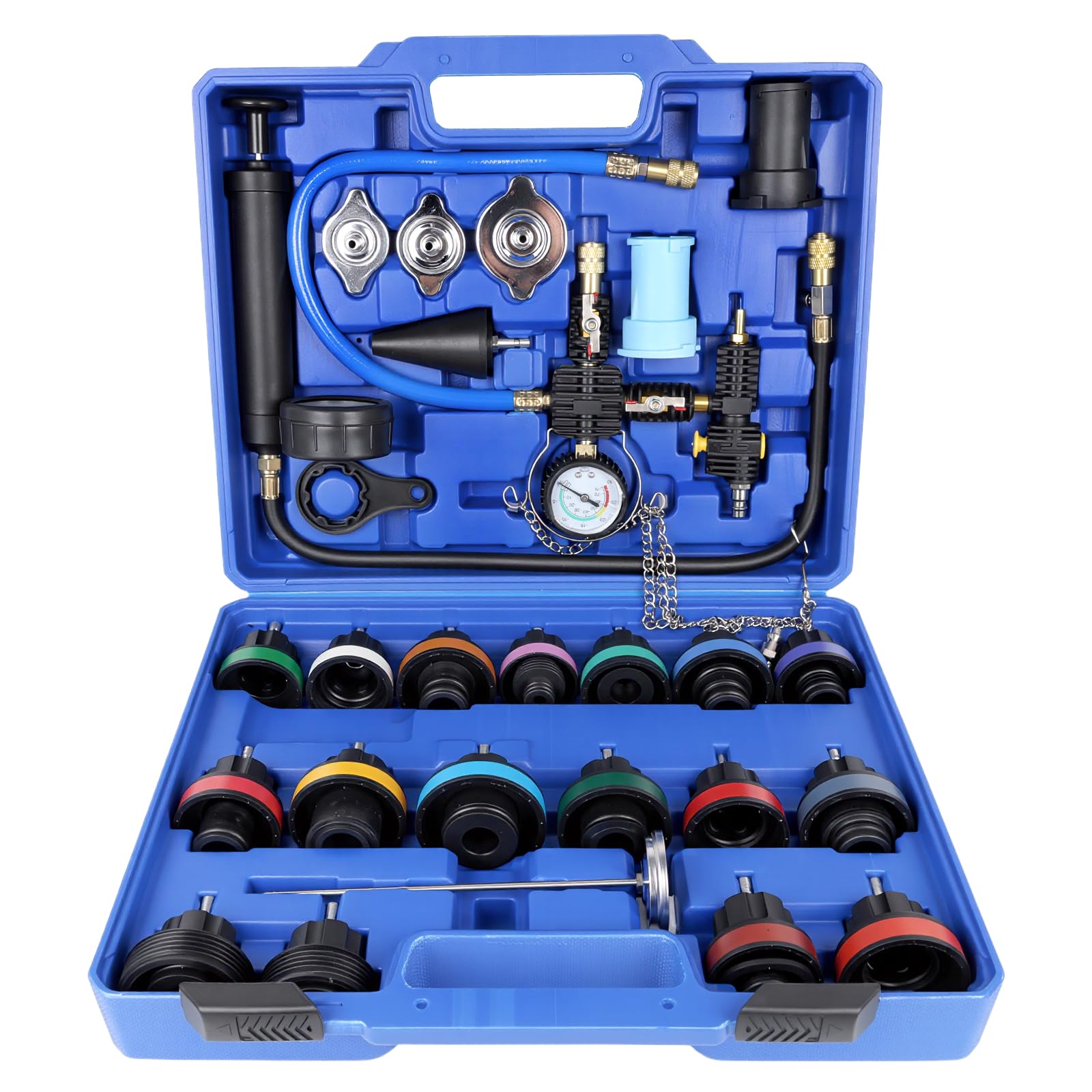 OiLiehu Kit de Presión de Refrigerante y Anticongelante 28 Piezas Universal: Probador, Purga y Llenado para Radiador de Coche, con 17 Adaptadores y 3 Tapones de Prueba