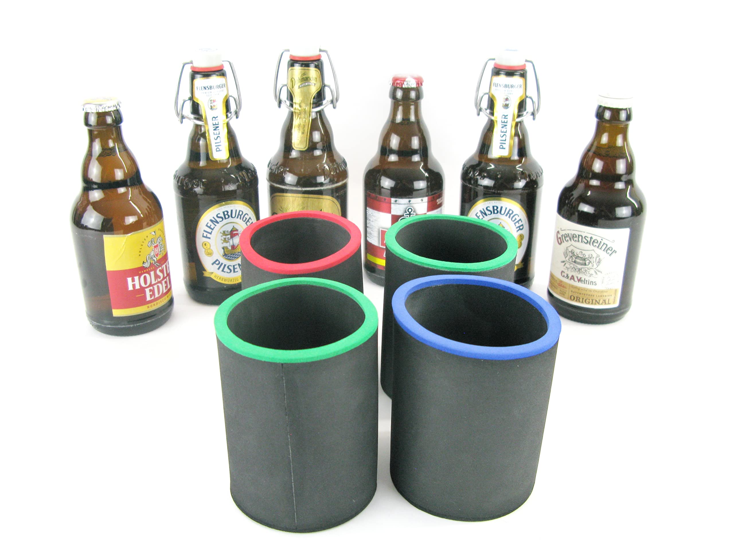 Flaschenkühler für alle genormten 0,33l Bierflaschen aus bestem 5-6mm dicken Neopren für beste Kühlung - Qualitätskühler Modell 2021 (4er Set 0,33L Flaschenkühler Schwarz, 0,33L kurze, dicke Flasche)