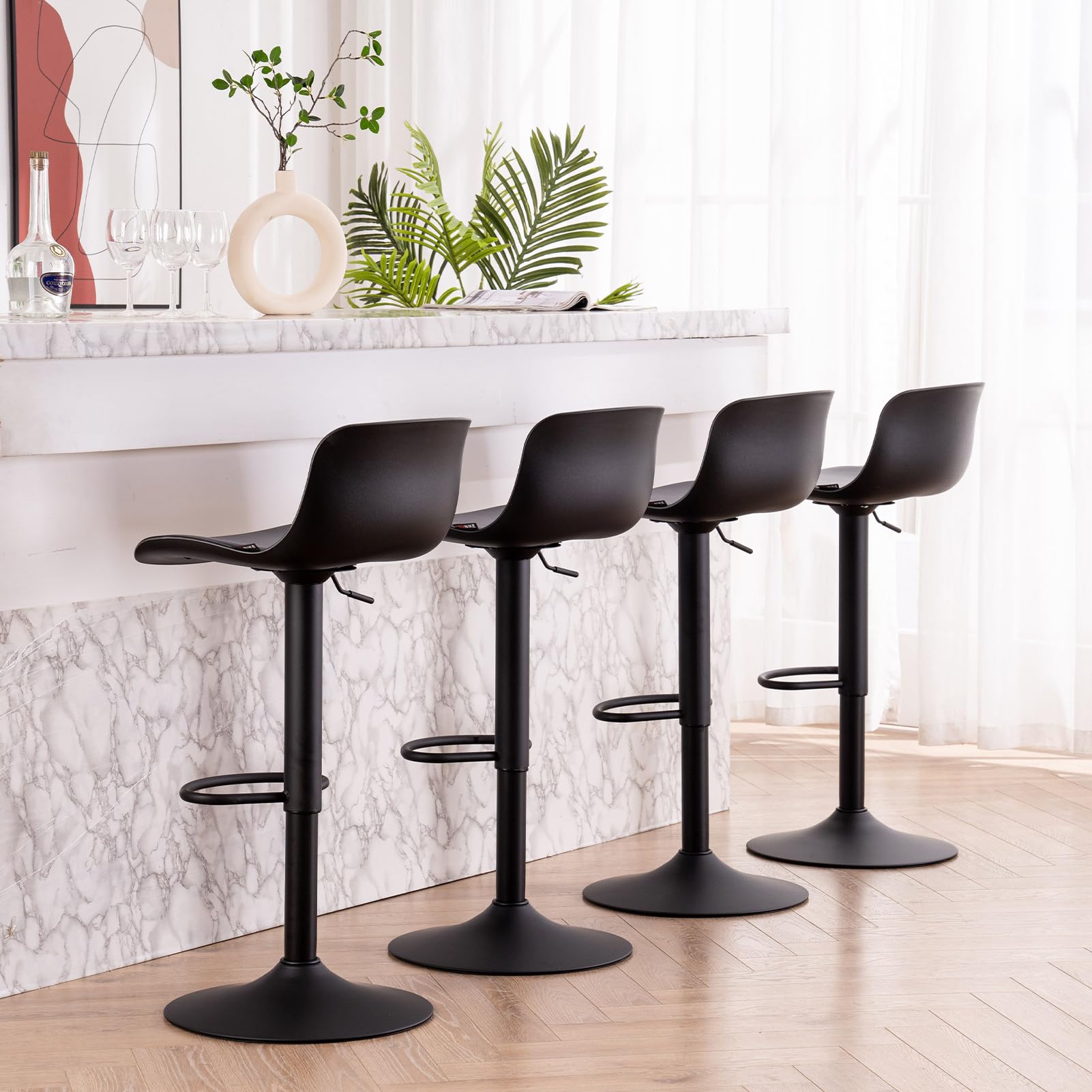 Kidol & Shellder Tabourets de Bar Chaises de Salle à Manger Lot de 2 Noir, Coussin d'assise à Dossier Pivotant Réglable en Hauteur, Chaises de Bar en Métal Plastique Cuir PU, Maison Cuisine Bistro