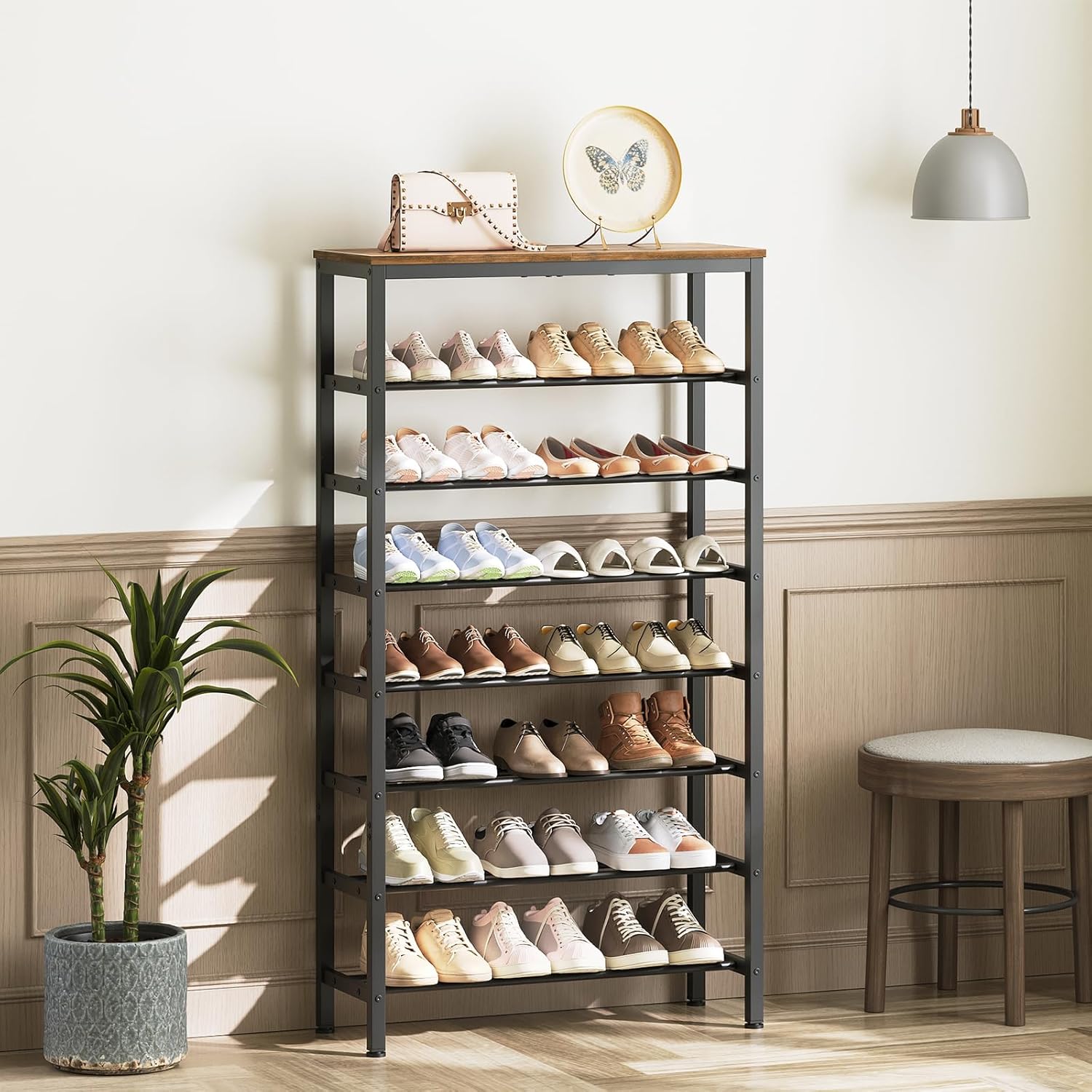 8 Tier Tall Shoe Rack, Large-Capacity Shoe Storage Organizer, Free Standing Shoe Shelf for Closet, Adjustable Metal Shoe Racks Organizer for 32 Pairs of Shoes, Rustic Brown and Black SS78BR