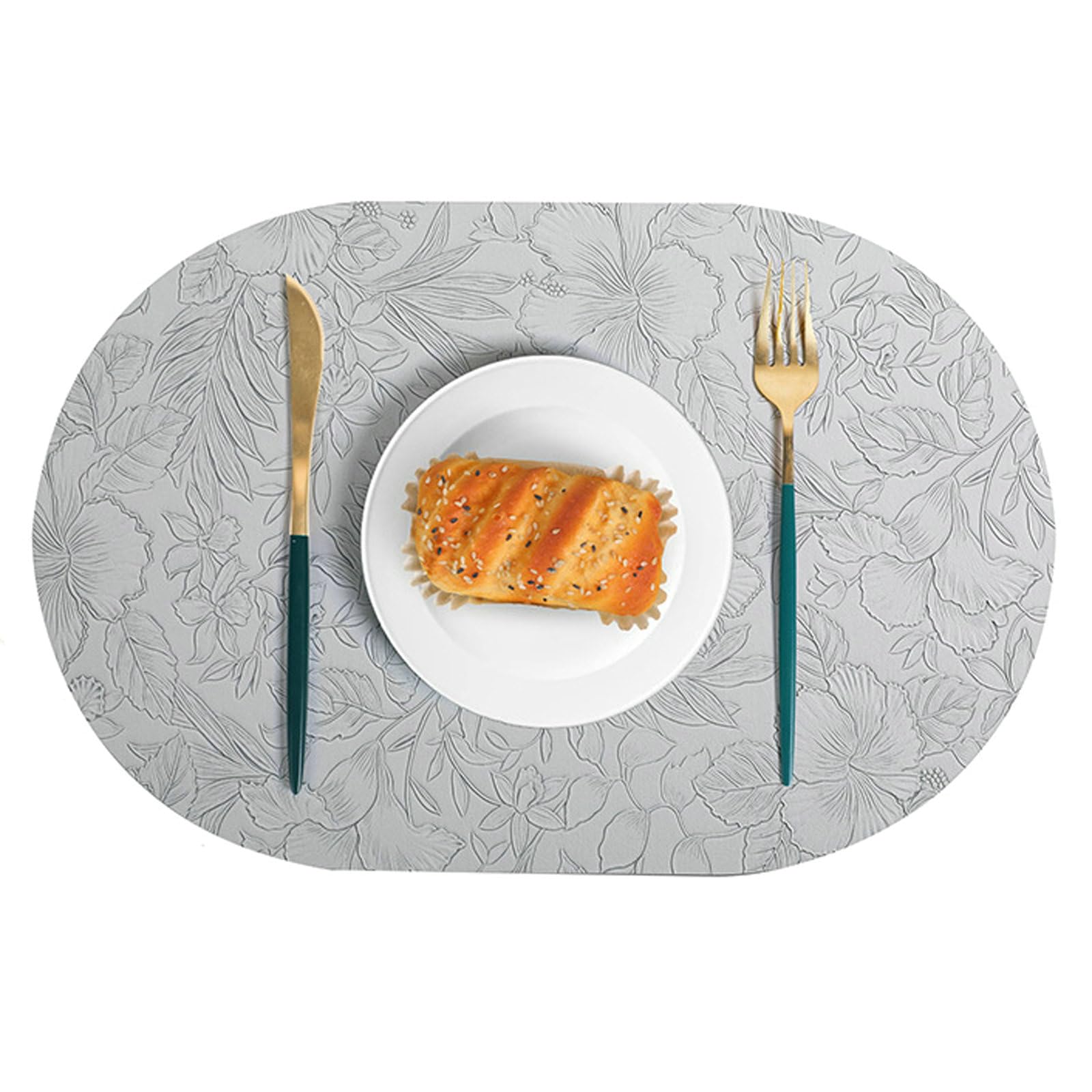 Mantel individual ovalado, juego de 10 manteles individuales americanos lavables de color liso con textura de hojas y flores, manteles individuales de piel antideslizante, gris claro, 30 x 43