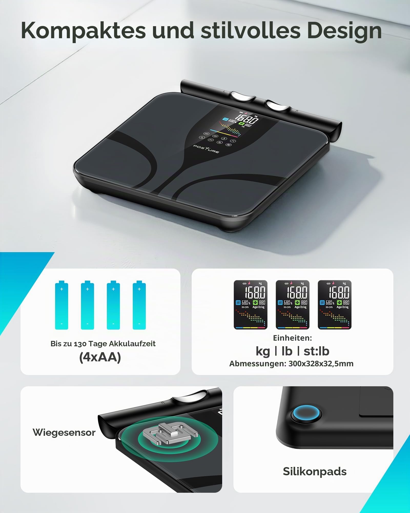 Posture Körperfettwaage, Intelligente Personenwaage Digitale 8 Elektroden für Körperfettanteil, Farbiges und Interaktives LCD-Display BMI und 28 Körpermesswerte, Großer Plattform