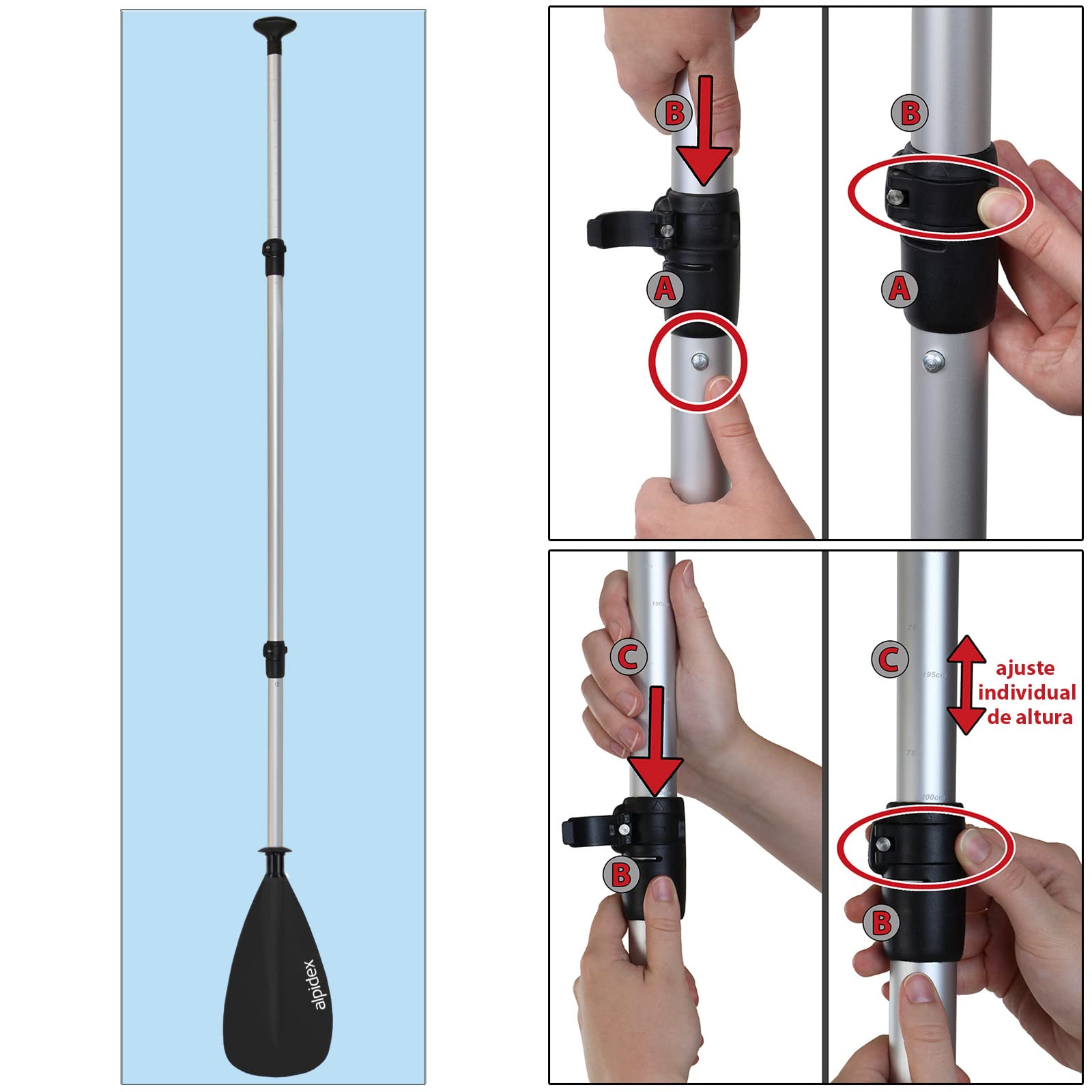 ALPIDEX 2 en 1 Pala Telescópica Aluminio Kayak Ajustable Ligero Doble Paddle Extensible 160-207cm Tabla Surf Sup Canoa Stand Up Paddle Board Kayak Remo