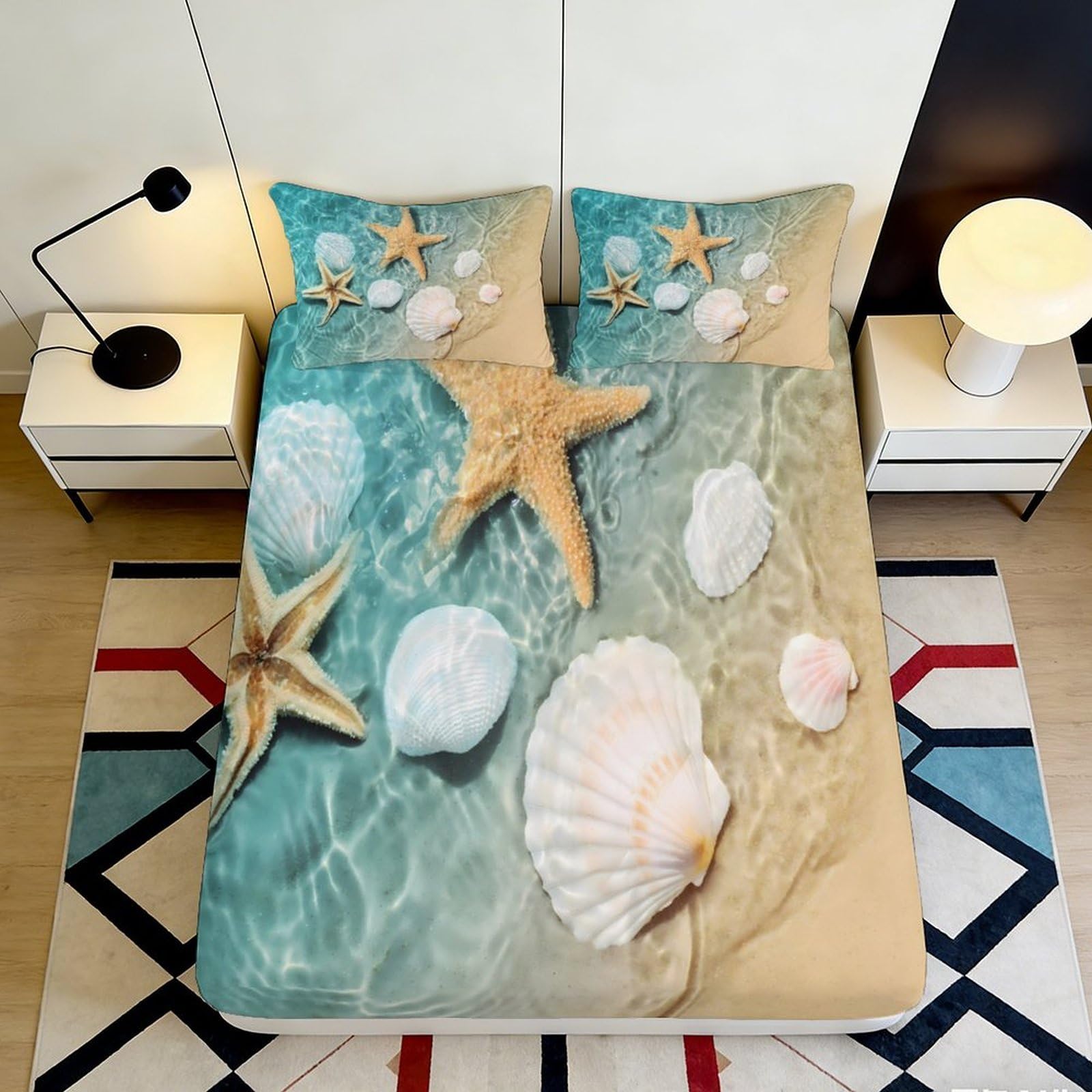 3D Printed Starfish Seashell Fitted Sheet Microfiber Anti-Slip Mattress Cover Ocean Beach Bed Decor for Bedroom Guest Room 160x200x25cm