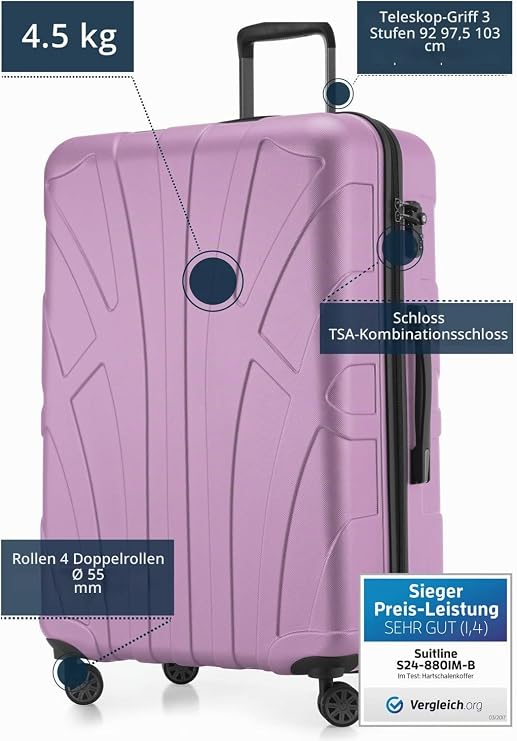 Suitline Hand Luggage Hard Shell Suitcase Trolley Suitcase Travel Suitcase lilac ABS-Hartschale · TSA-Zahlenschloss · Erweiterbar · 4 Rollen · Austauschbare Ersatzteile · Aufgabegepäck · Urlaub · 2-3 Wochen