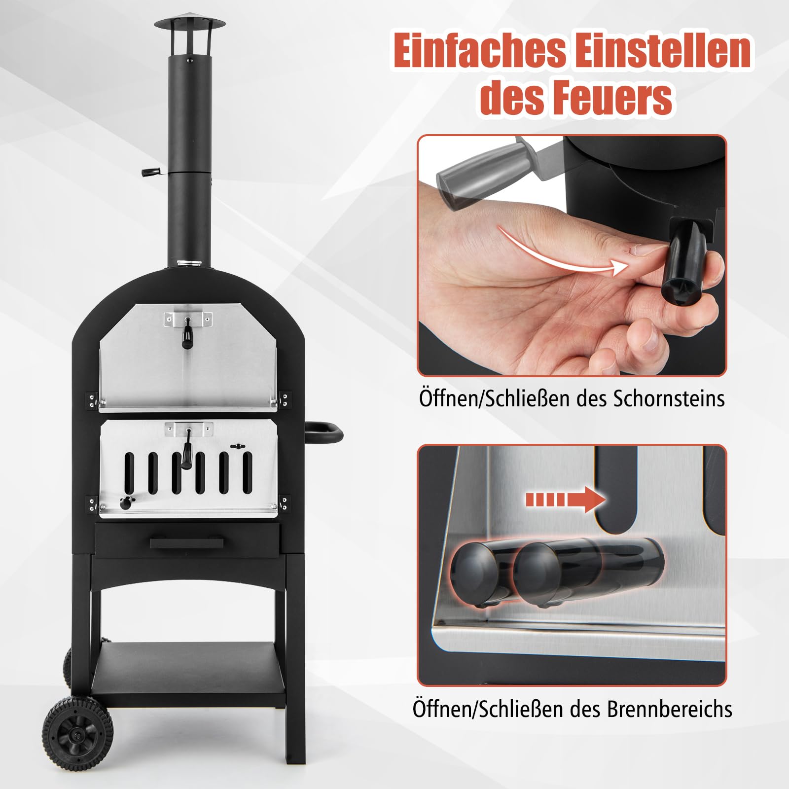 COSTWAY Pizzaofen Outdoor, holzbefeuerter Pizza Ofen mit Thermometer, Griff, Rädern, wasserdichter Abdeckung, Ascheauffangschublade