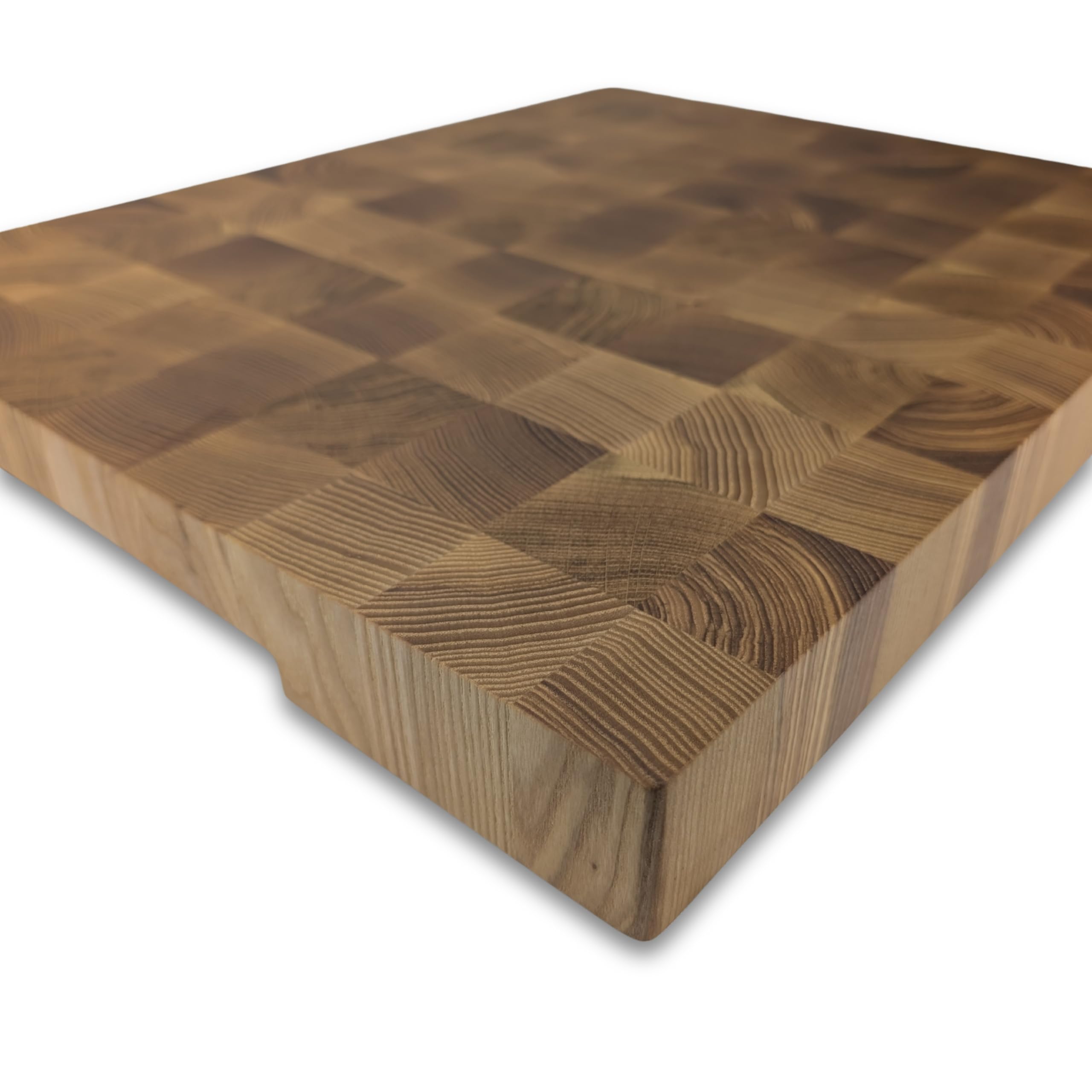 Premium Stirnholz Schneidebrett Esche & Eiche | 50 x 40 x 4,5 cm | Großes XXL Design Holzschneidebrett mit Griffmulden & Silikonfüßen | Luxus Hackblock