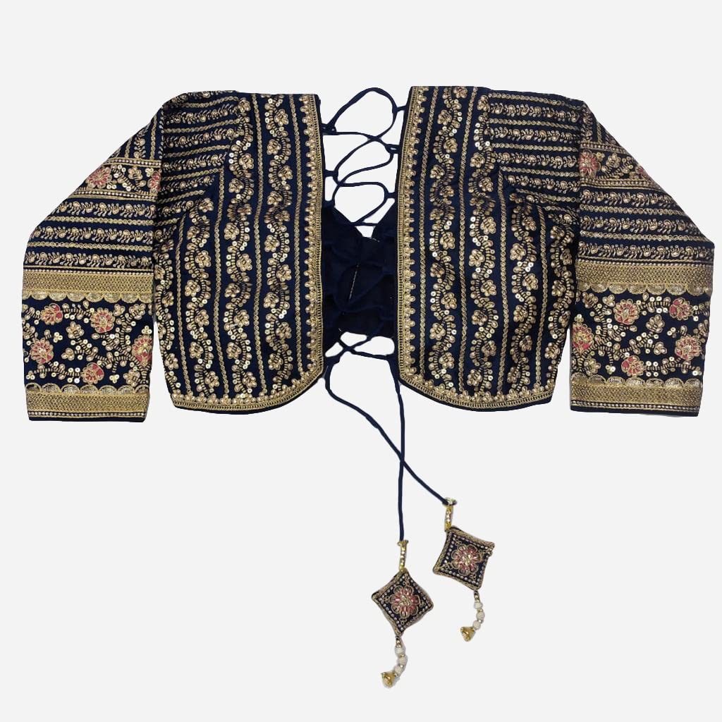 Pujia Mills Women's Heavy Embroidery Coding With Sequins Work 3/4Th Sleeves Fancy Readymade Saree Blouse(Missy Navy Blue_38)