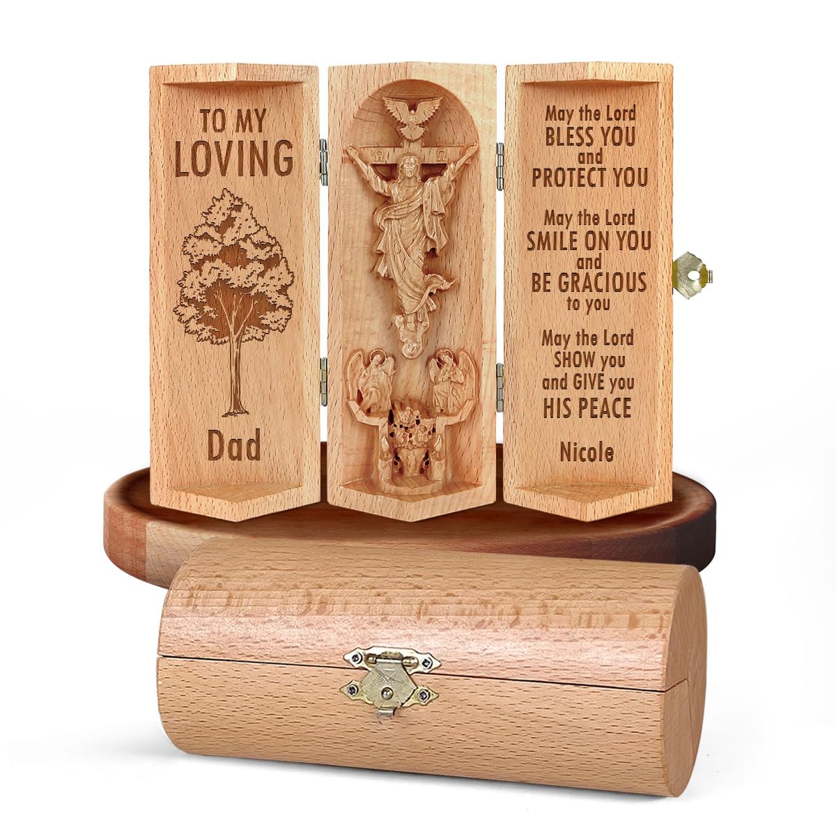 Personalized Wooden Sculpture, Christian Decor, Gifts for Loss of Mom, Dad, Family, Home Decor, Fathers Day - Openable Wooden Cylinder Sculpture (to My Loving Dad)