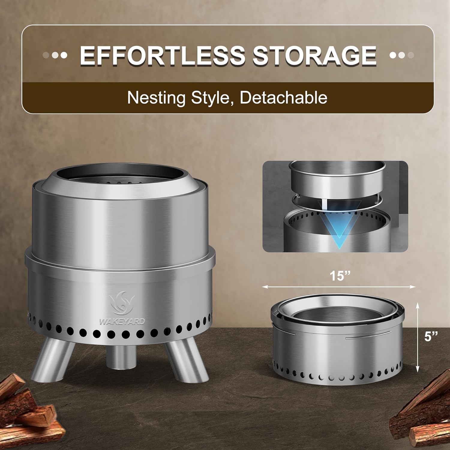 Smokeless Fire Pit, 15 Inch Portable Smokeless FirePit for Outside with Fire Poker and Carry Bag, Stainless Steel FirePit, Easy Setup and Storage, Sliver