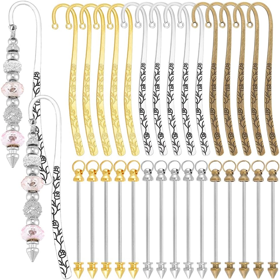 UNICRAFTALE 15Pcs 3 Colors Beadable Bookmarks DIY Metal Blank Bar Bookmark Hairpin Hook Bookmarks with 15Pcs Beadable Keychain Bar for Student Teacher Office Supplies Book Lovers