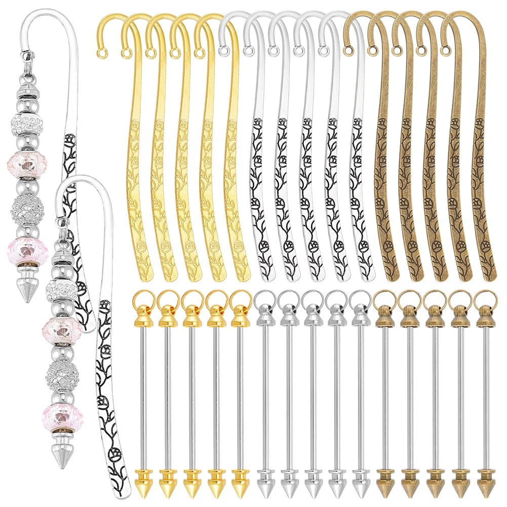 UNICRAFTALE 15Pcs 3 Colors Beadable Bookmarks DIY Metal Blank Bar Bookmark Hairpin Hook Bookmarks with 15Pcs Beadable Keychain Bar for Book Lovers Student Teacher Office Supplies