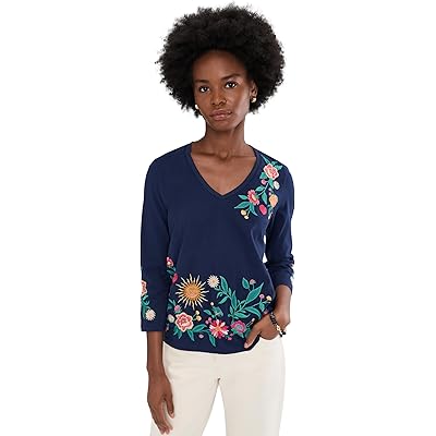 Johnny Was 3/4 Sleeve Trapunto V-Neck Tee - Ziviana blue night