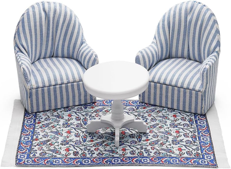 Odoria Dollhouse Side Table and Armchair: 1/12 Scale Miniature Coffee End Table Area Rug for Modern Living Room Office Reading - Mini Bedroom Furniture Set Upholstered Sofa Blue and White