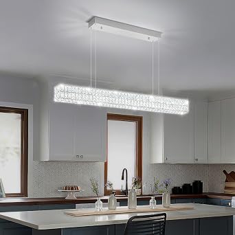Dimmable Led Crystal Ring Chandelier for Dining Room, Modern Rectangle Crystal Pendant Lighting Kitchen Island,47.2in Linear Chandelier Hanging Light Over Table