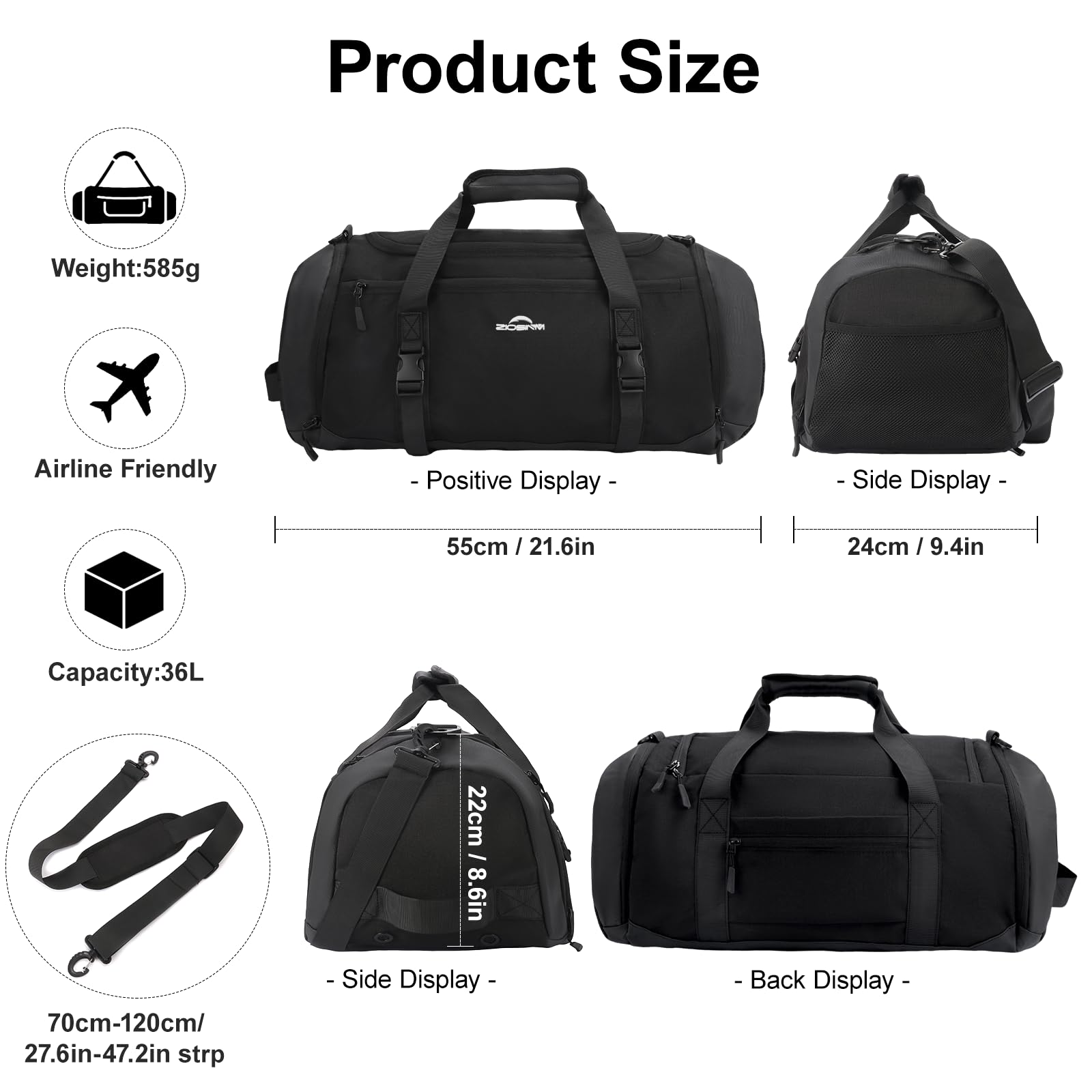 Sac de Sport Homme Femme, Sac de Voyage Homme 36L avec Compartiment Chaussures, Compartiment pour Articles Humides et Isolation Thermique, Sacs a Dos Voyage pour Gym, Camping (Noir)