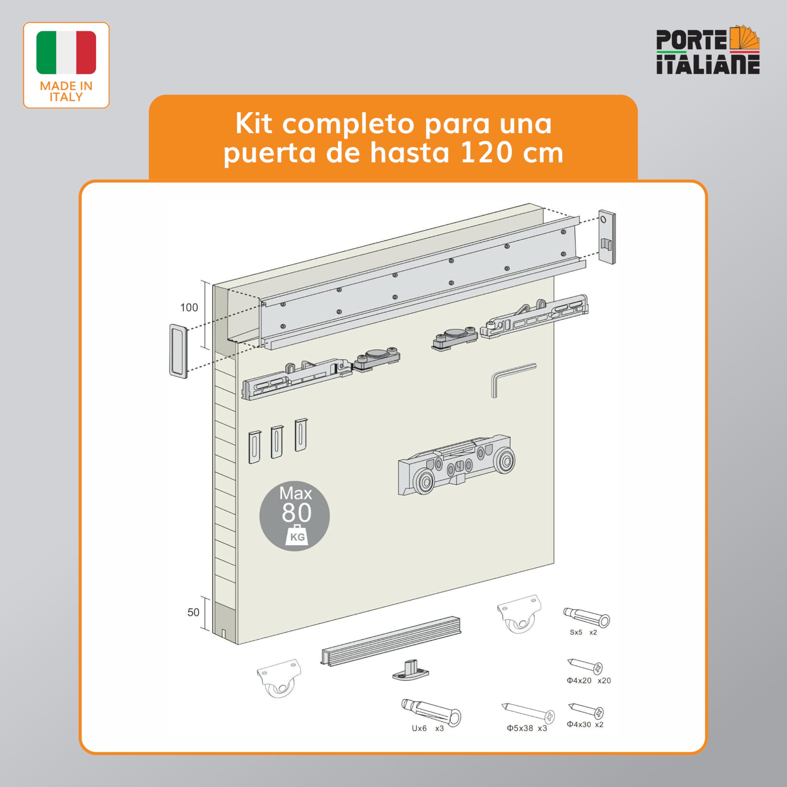 Porte Italiane, Riel Puerta Corredera Invisible MAGICAL 1200 Carga 80 kg, para Puerta Corredera Exterior de Pared en Madera Ancho de 80 cm a 120 cm, Kit con Mecanismo, Accesorios y Guía