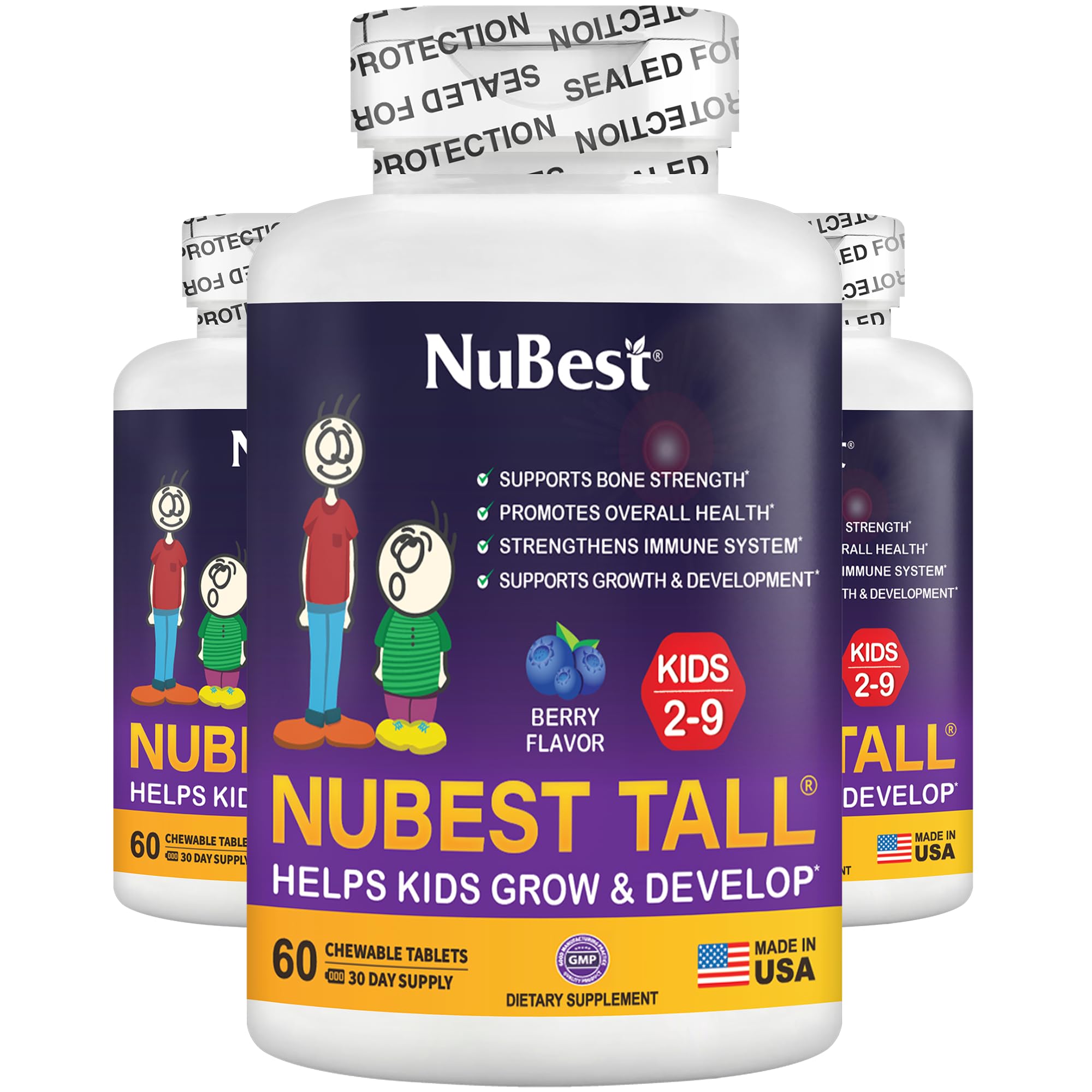 NuBest Tall Kids - Multivitamins &amp; Minerals for Age 2 to 9 - Bone Strength &amp; Immunity Support - Helps Kids, Toddlers Healthy - Animal Shapes - 180 Chewable Berry Tablets | 3 Months Supply