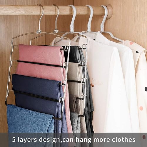 Miniatura 8 de FeeraHozer Perchas antideslizantes para pantalones, paquete de 3 perchas que ahorran espacio, brazo oscilante multicapa, acero inoxidable, ahorrador