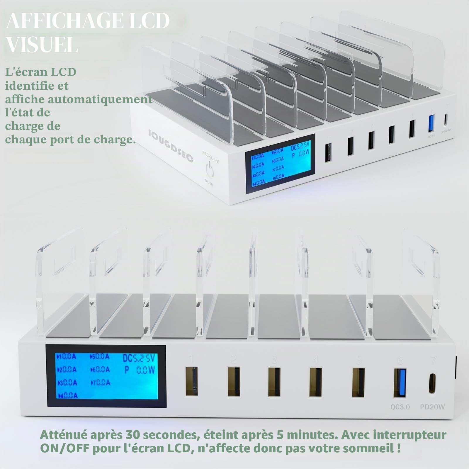 Station de charge rapide PD20W QC3.0 multi-ports USB, station de charge 7 en 1 pour plusieurs appareils avec écran LCD compatible avec iPhone, iPad, Samsung, Huawei et plus encore