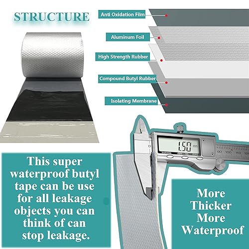 Miniatura 6 de Cinta de butilo súper impermeable y parche para reparación de sellos, cinta adhesiva con aluminio para piscina, metal, caravana, techo, tubería,