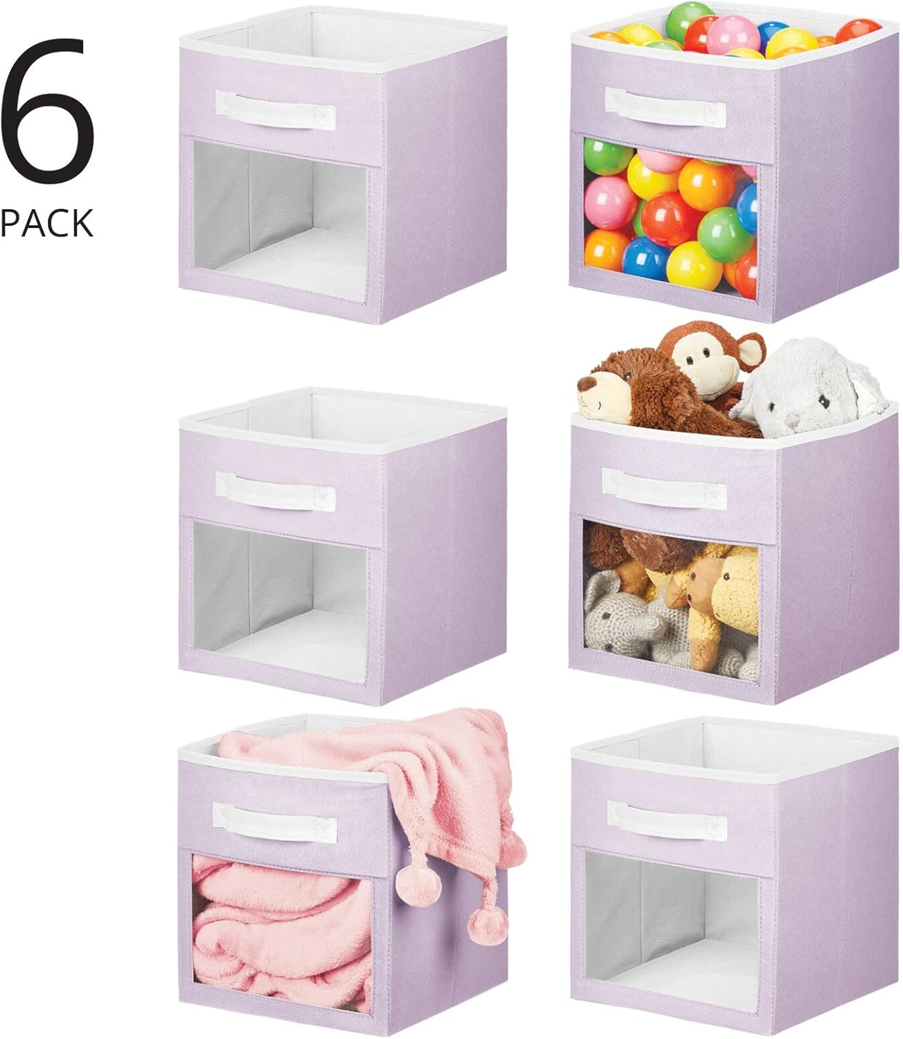 mDesign Fabric Nursery/Playroom Closet Storage Organizer Bin Box with Front Handle/Window for Cube Furniture Shelving Units, Hold Toys, Clothes, Diapers, Bibs, Jane Collection, 6 Pack, Lt Purple/White