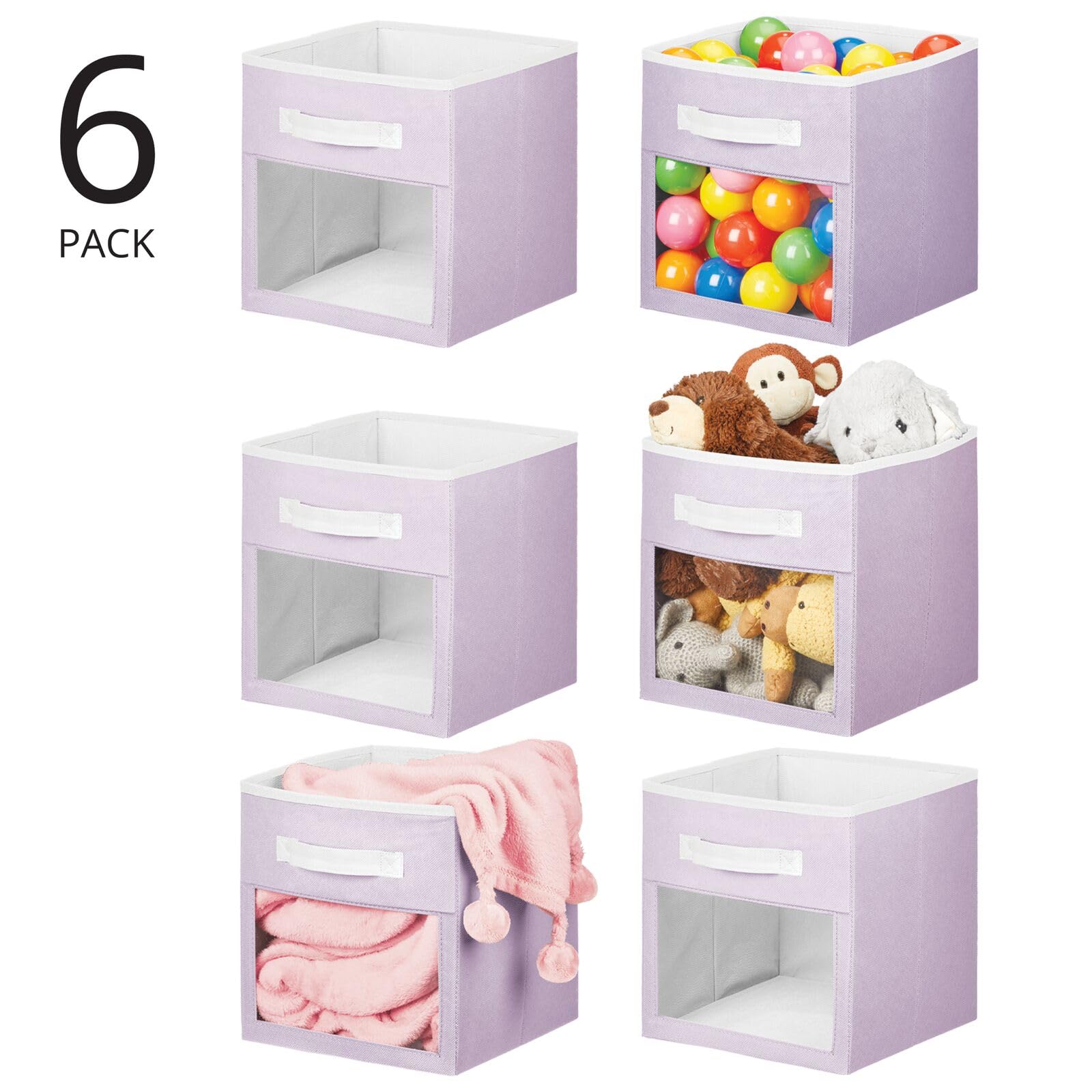 mDesign Fabric Nursery/Playroom Closet Storage Organizer Bin Box with Front Handle/Window for Cube Furniture Shelving Units, Hold Toys, Clothes, Diapers, Bibs, Jane Collection, 6 Pack, Lt Purple/White