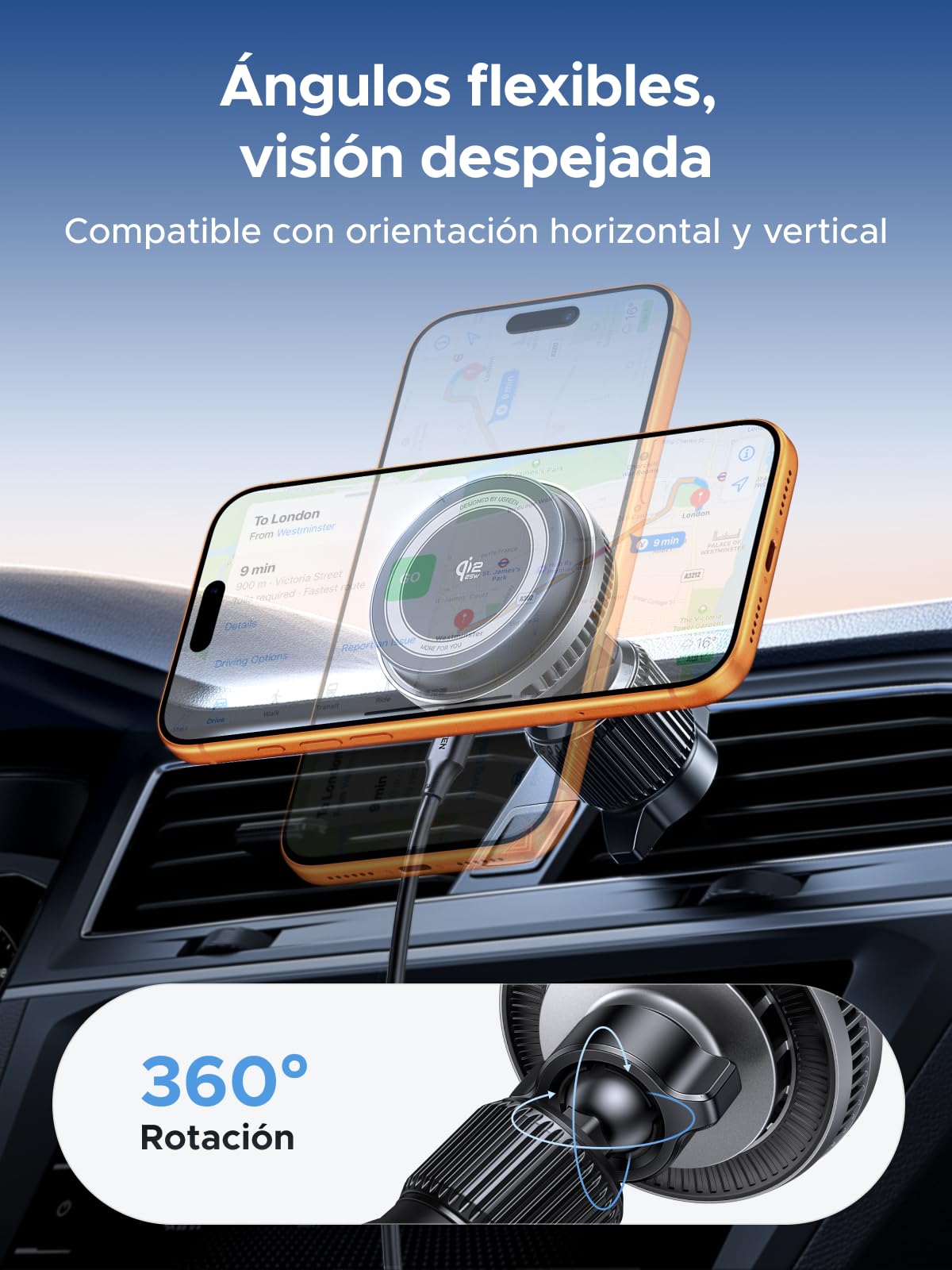 UGREEN MagFlow Pro Qi2 25W MagSafe Cargador Inalámbrico Coche Compatible con iPhone 17 16 15 14 13 12 Pro MAX Air Plus, Refrigeración Tec con Ventilador Integrado, Montaje en Rejilla de Ventilación