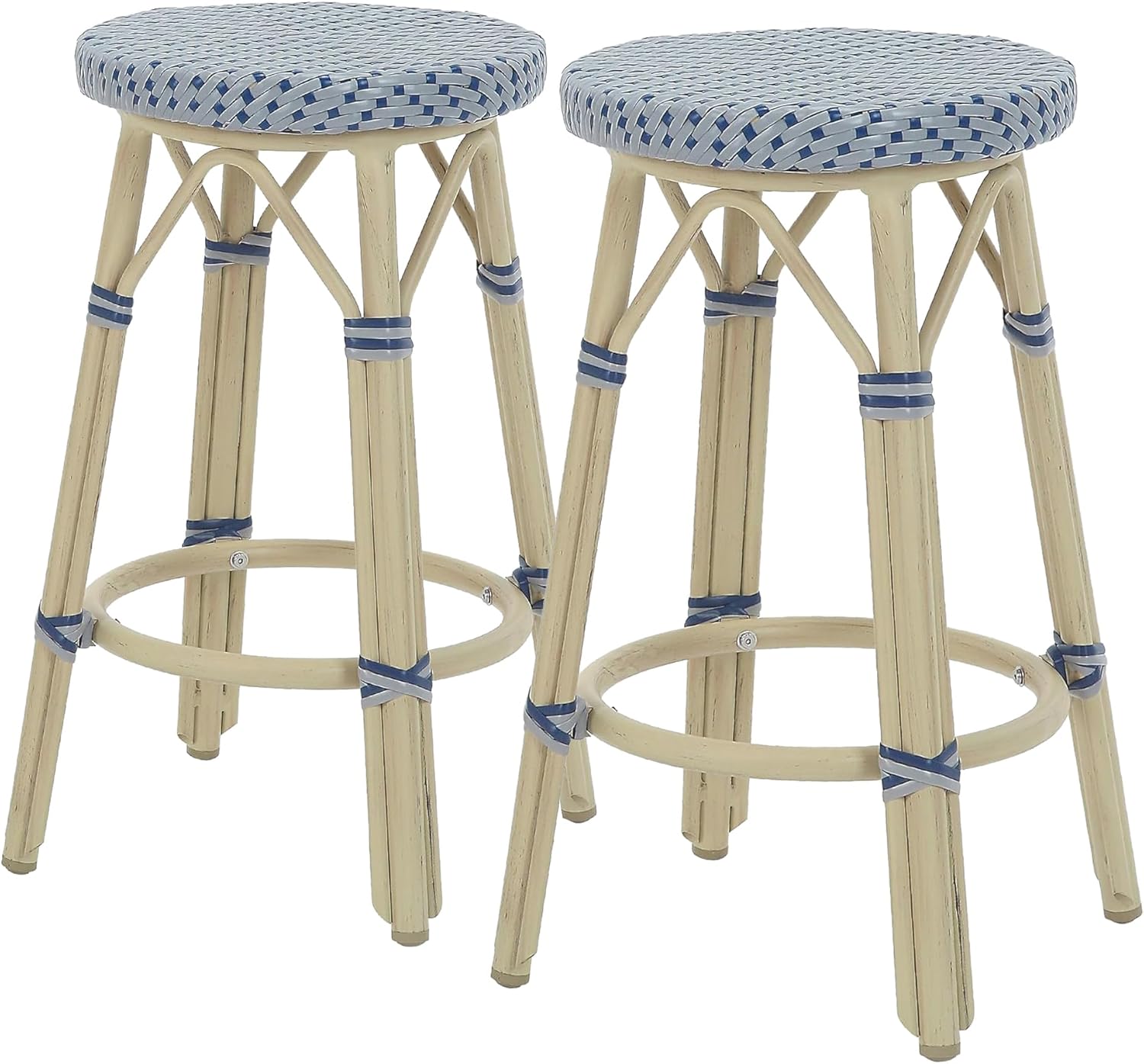 24/7 Shop at Home Seadrift Boho 26-inch Aluminum and All-Weather Wicker Barstools with Footrest, Patio Stools & Bar Chairs for Outdoor, Kitchen Counter, Poolside, Yard, Set of 2, Gray and Navy Blue