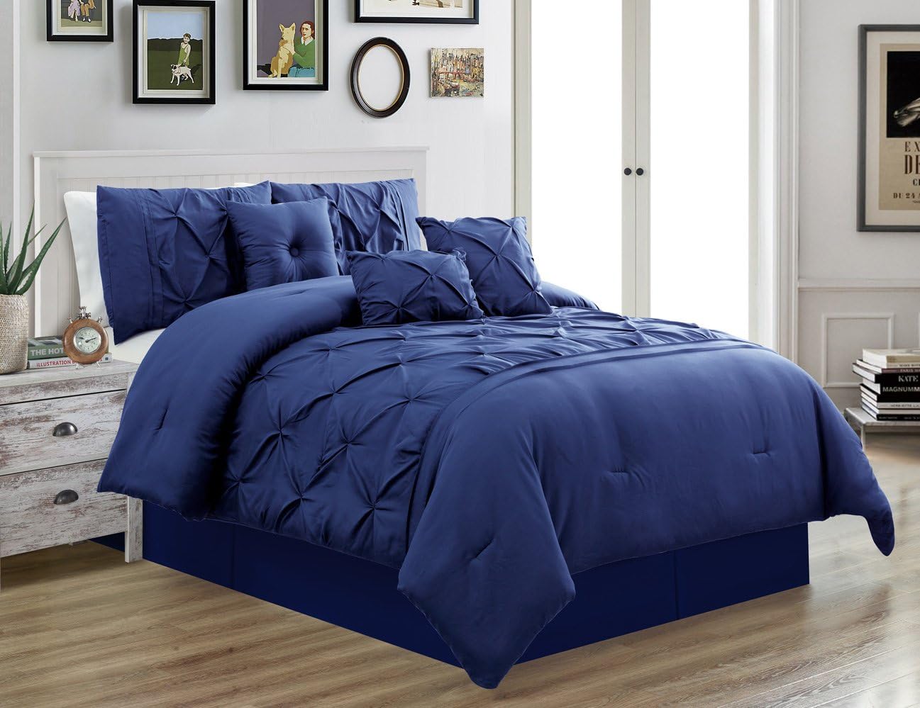 Grand Linen 7 Piece Queen Size Solid Navy Blue Double-Needle Stitch Puckered Pinch Pleat Stripe Includes 1 Comforter, 3 Decorative Pillows, 1 Bed Skirt, 2 Shams