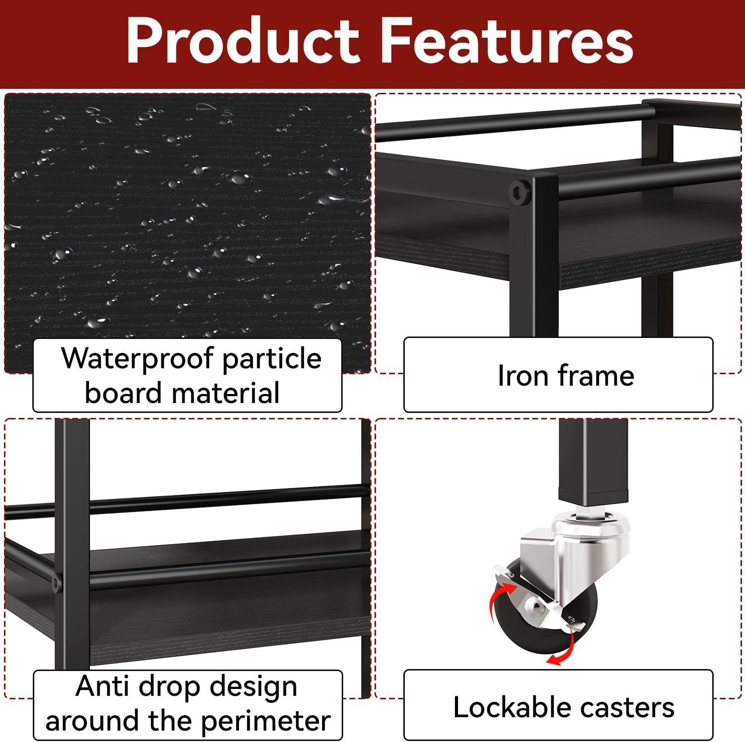 IBUYKE Industrial Bar Storage Cart, Mobile 4-Tier Shelf, Bedroom, Living Room & Bath Black TMJ419B