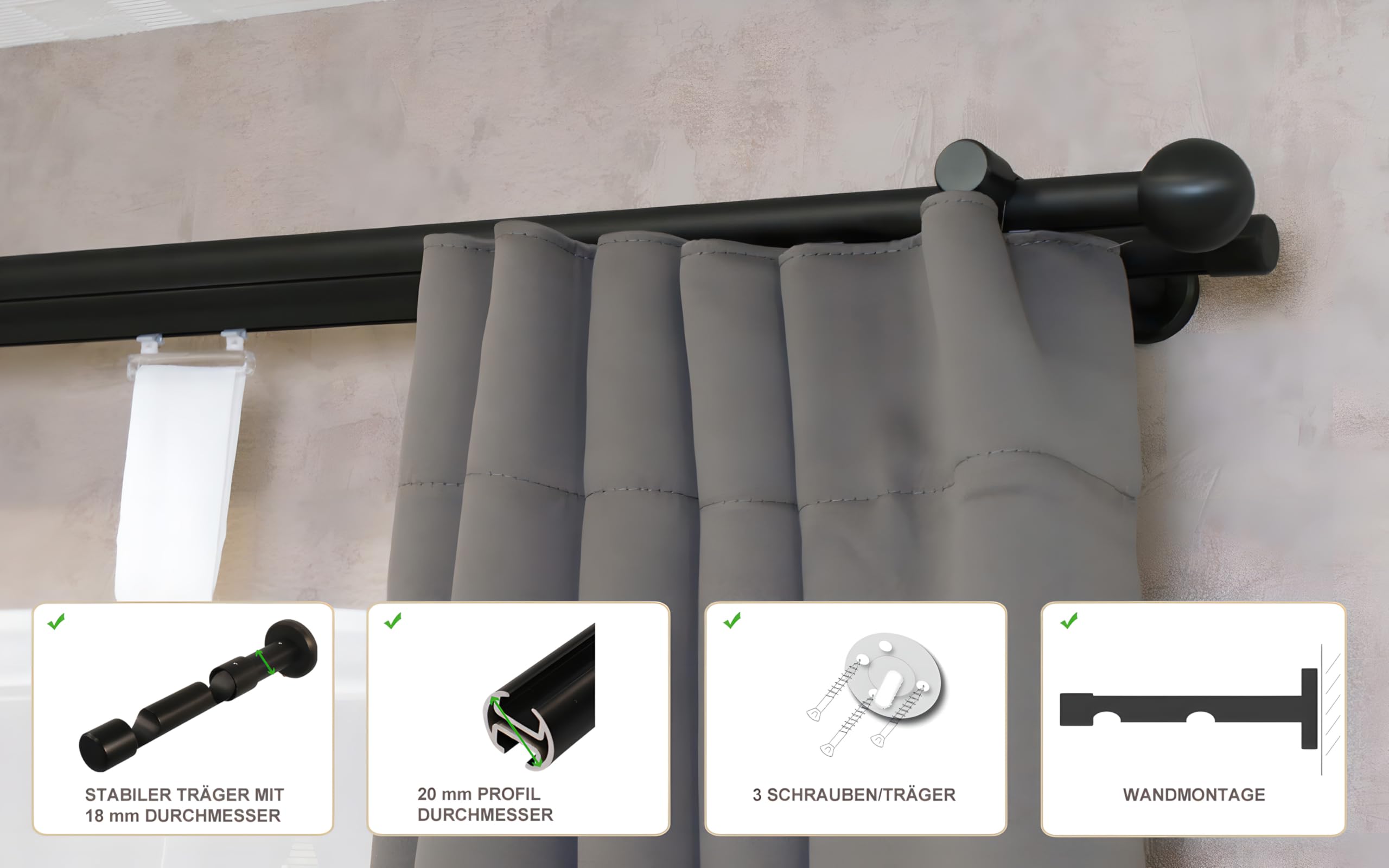 iso-design Innenlauf Gardinenstangen 2-läufig schwarz 20 mm Durchmesser, Wandmontage, Gardinenstangenkomplettset aus Metall mit Wandhaltern und Endstück Kugel, 180 cm