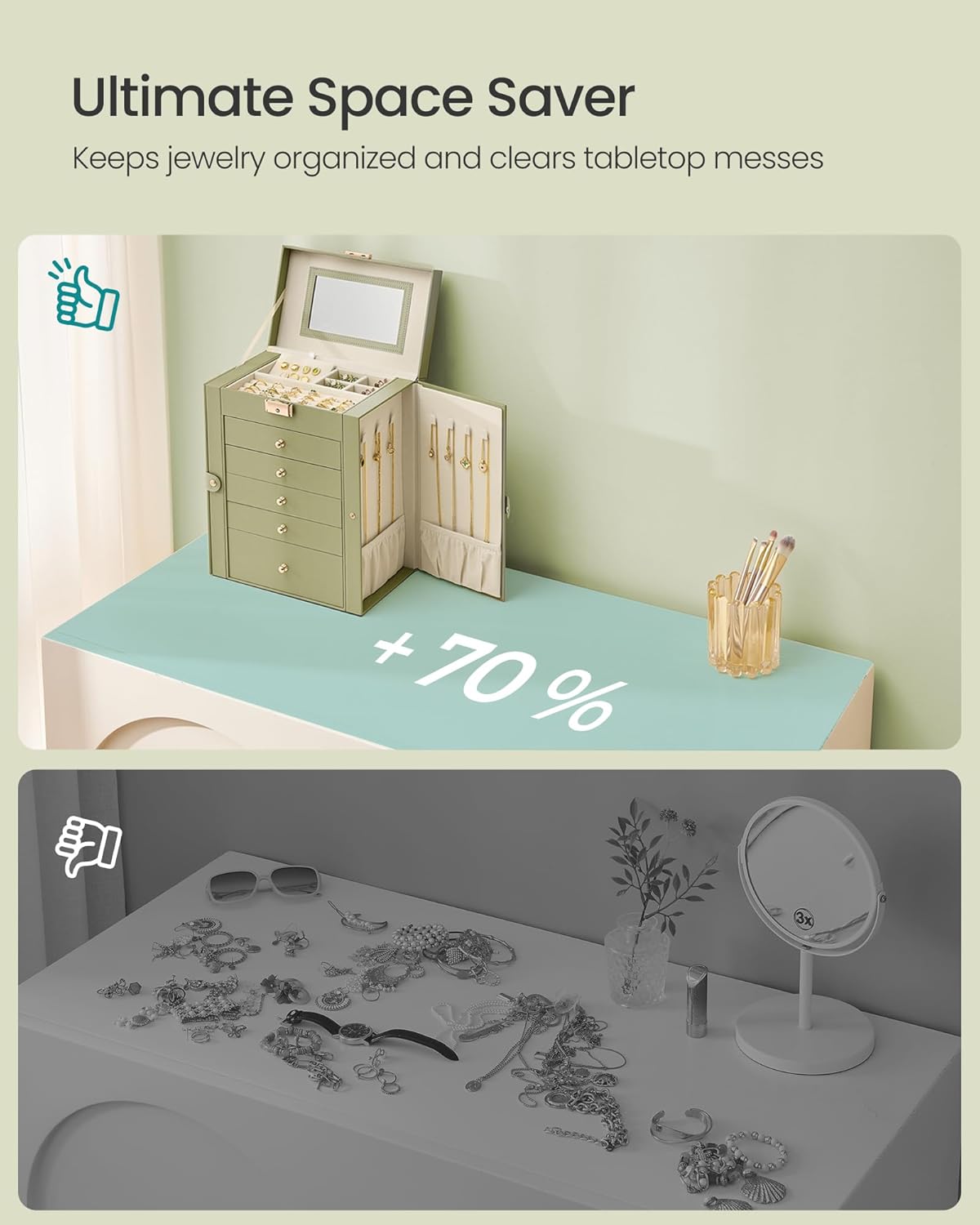 SONGMICS 6-Layer Jewelry Box Organizer with 5 Drawers, Jewelry Storage Case with Lock and Mirror, Large Storage Capacity, Gift for Loved Ones, for Necklaces, Watches, Sage Green UJBC152CE01S - Image 7