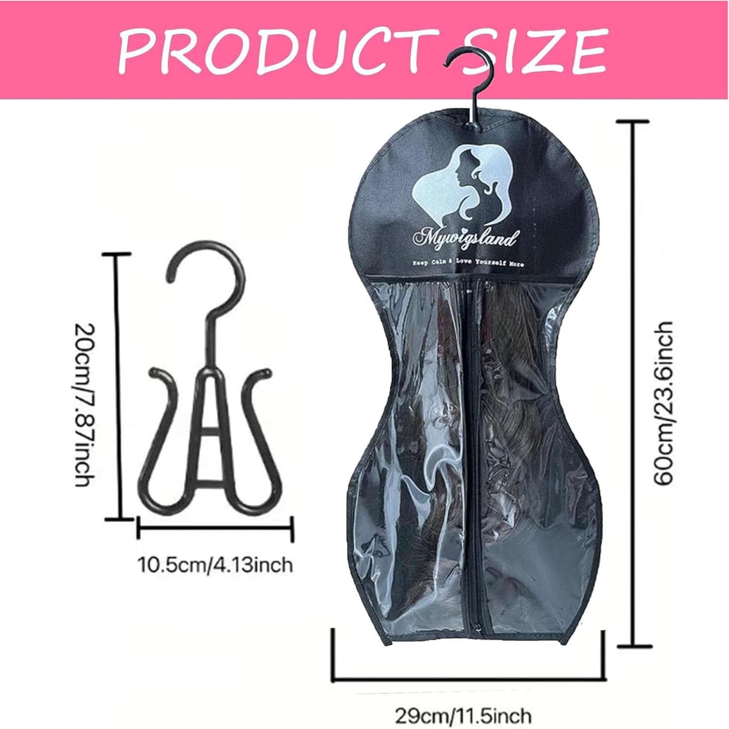 Wig Storage Bag with Hanger, 5-Pack Hourglass-Shaped Dust-Proof Organizer with Clear Window - for Long Synthetic & Human Hair Wigs, Travel & Home Closet Storage Solution (4 Colors) (Black)