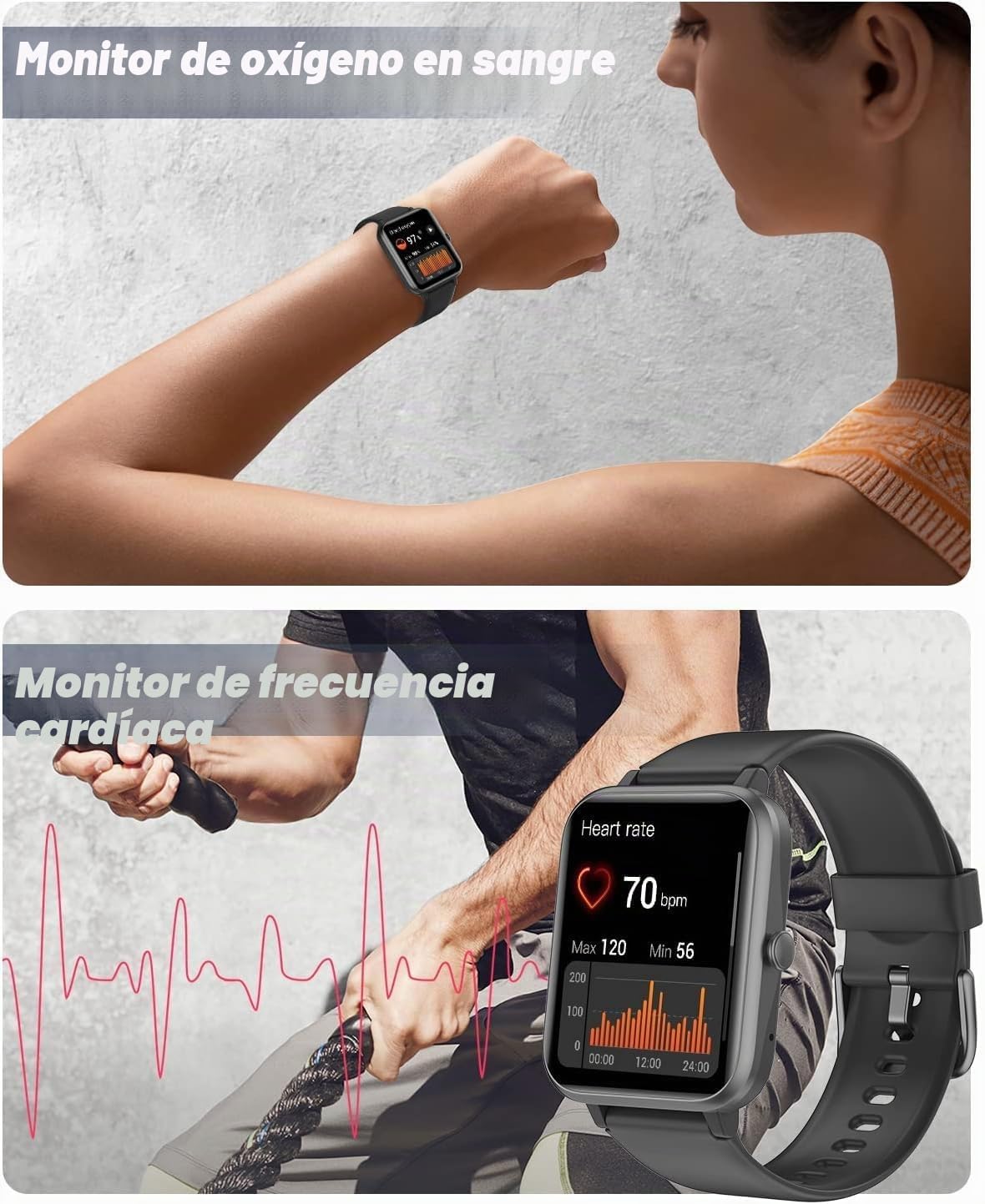 GRV Reloj Inteligente Hombre Mujer con Llamadas, Smartwatch Deportivo con Notificaciones Whatsapp, Batería Larga, Pulsómetro, SpO2, 100+ Modos Deportivos, Podómetro, IP68 para Android iOS (Negro) 5