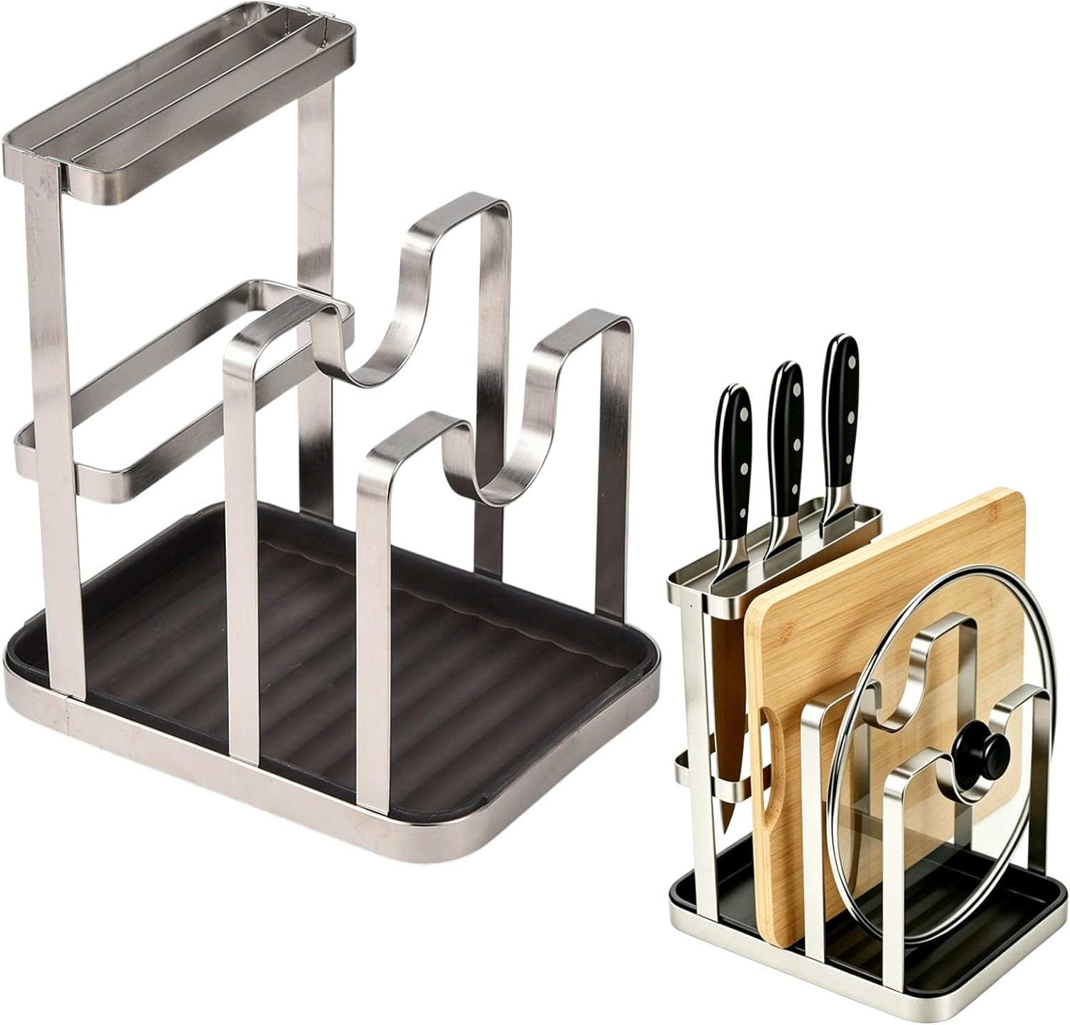 BEEFLYING Pot Lid Cutting Board Holder Organizer for Counterto with Tray