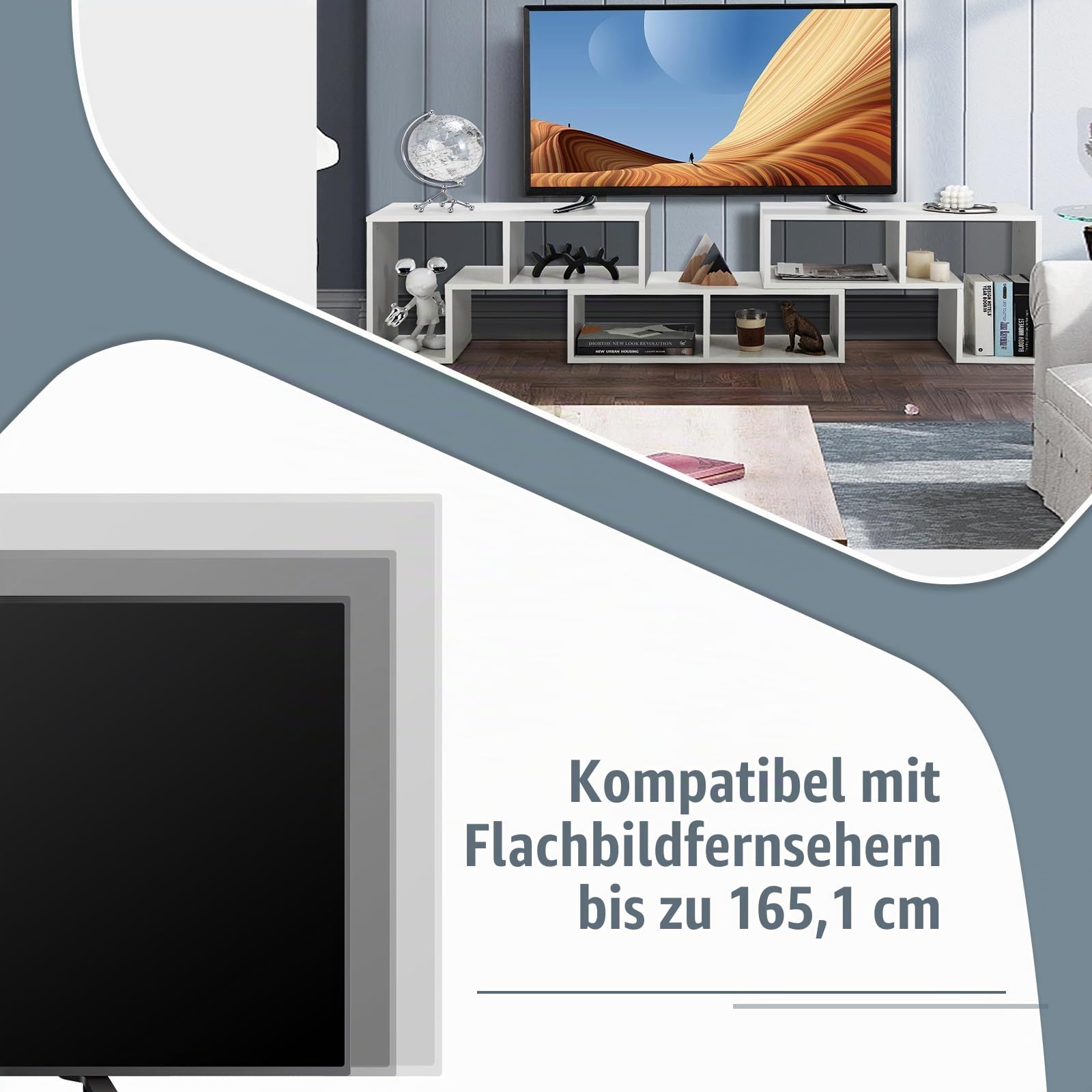 KOMFOTTEU Fernsehschrank Holz, TV-Schrank frei kombinierbar, TV Lowboard für TVs bis zu 65 Zoll, Multifunktionaler Bücherregal & TV-Kommode (Weiß)