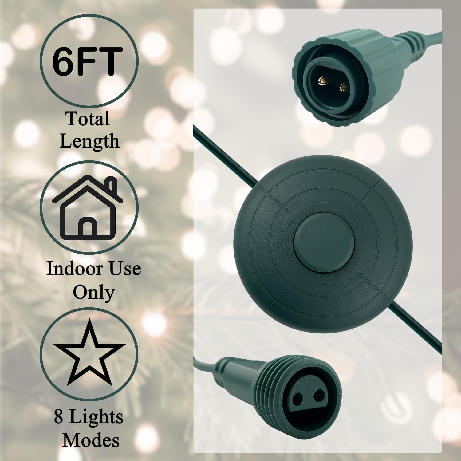 5/8 inch Plug Power Cord with On/Off Foot Switch 6FT w/Light Controle Module for Christmas Tree Holiday Lights Compatible Replacement for CZJUTAI Power Adapters - 8 Lights Mode