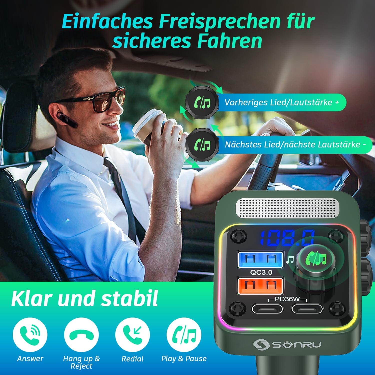 SONRU FM Transmitter Bluetooth 5.3 Adapter Auto, Bass & HiFi Stereo Freisprechanlage Mit [PD 36W & QC 3.0 18W] Schnelles Autoladegerät
