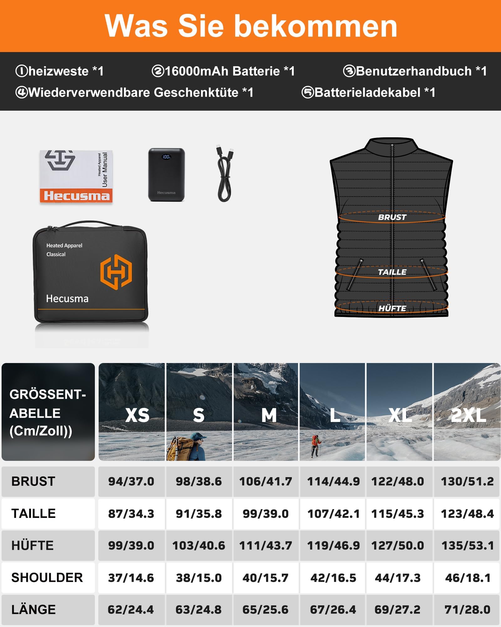 Heizweste Damen mit Powerbank 16000mah 7.4V, 9 Heizzone Beheizbare Weste Damen, Leichte Elektrisch Wärmeweste mit Akku für Skifahren, Outdoor