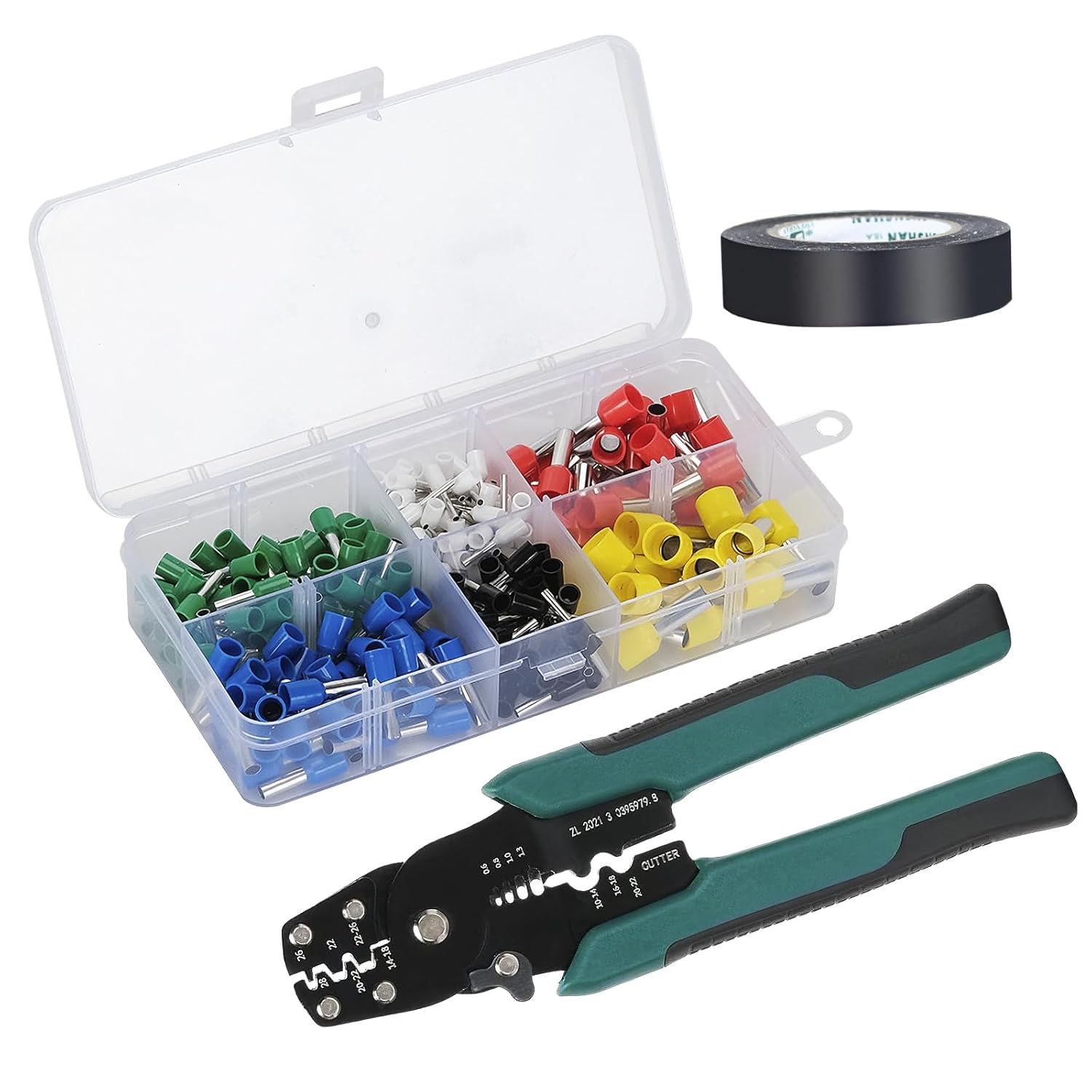 Tube Shaped Insulated Wire Terminal, Suitable for Connecting 16AWG Wires, Power switches, sockets, Electrical interfaces, etc., Circular, with a Multifunctional Pliers and 1 roll of Insulating Tape