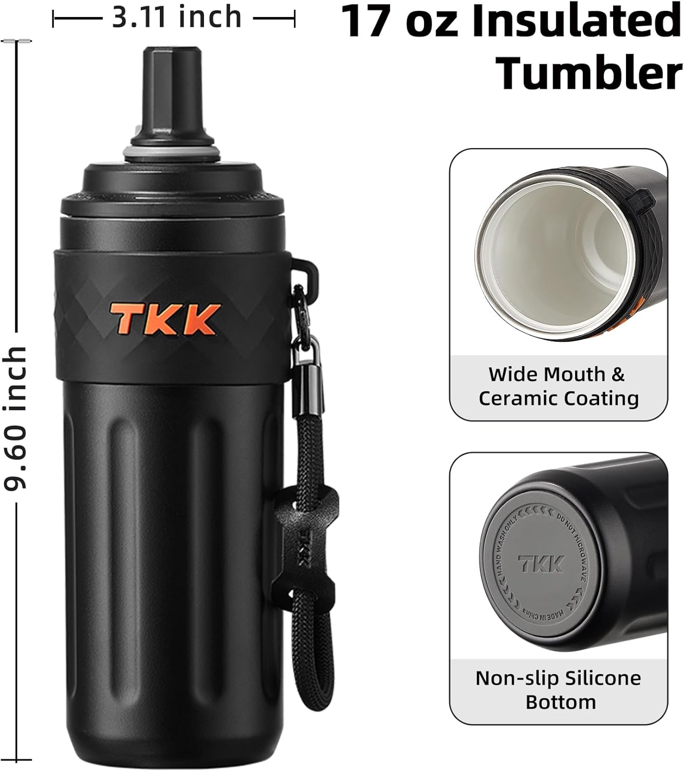 TKK 17 OZ Travel Tumbler Ceramic Lining with Straw Lid, Stainless Steel Vacuum Insulated Double Wall Coffee Tumbler, Leak Proof Iced Water Bottle with Carry Strap for Hot & Cold Drinks, Black - Image 6
