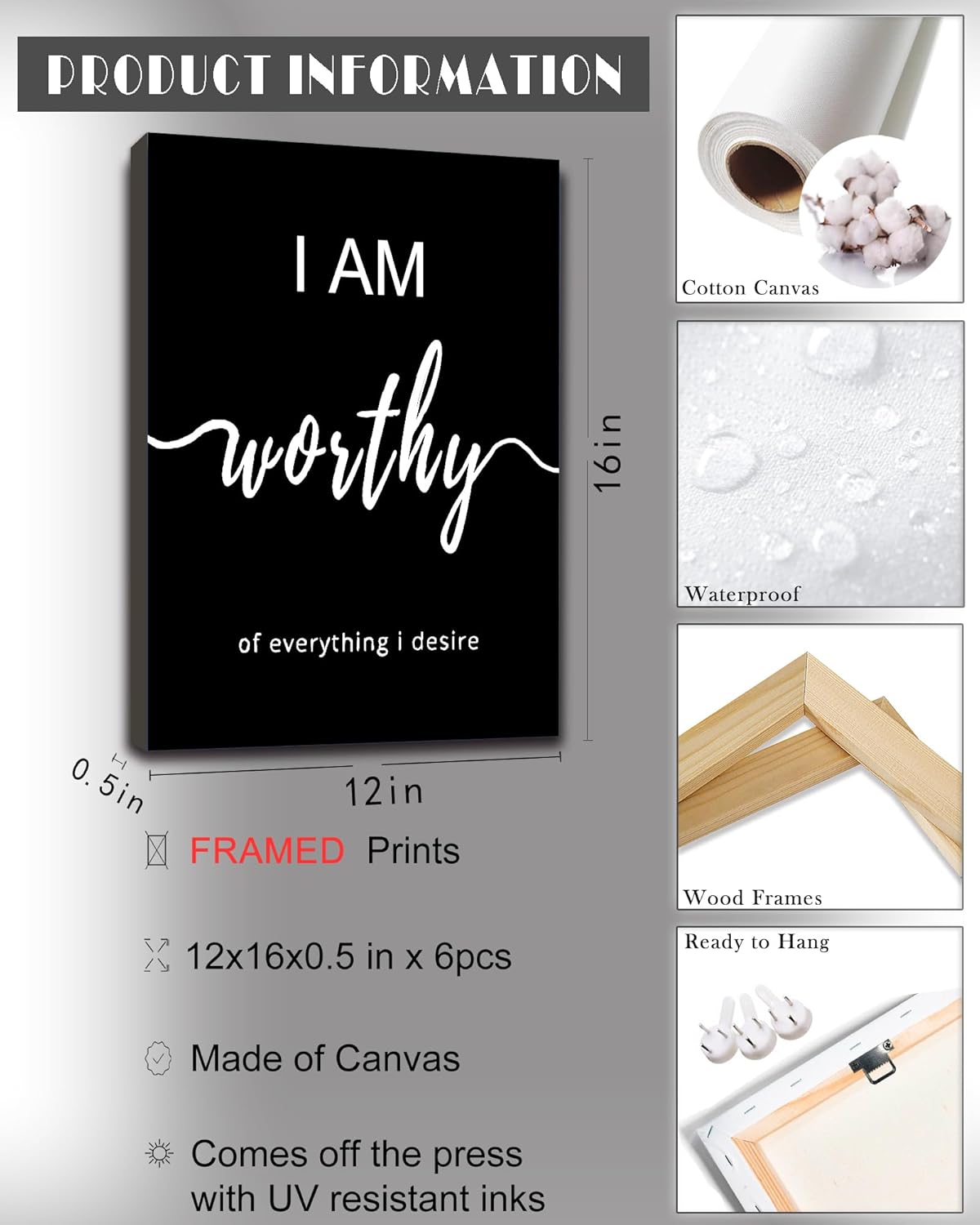 Drsoum Inspirational Wall Art Office Decor, Motivational Wall Art Prints for Office Bedroom Living Room Classroom,Black and White Daily Positive Affirmations Posters for Women Men Kids, Set of 6,